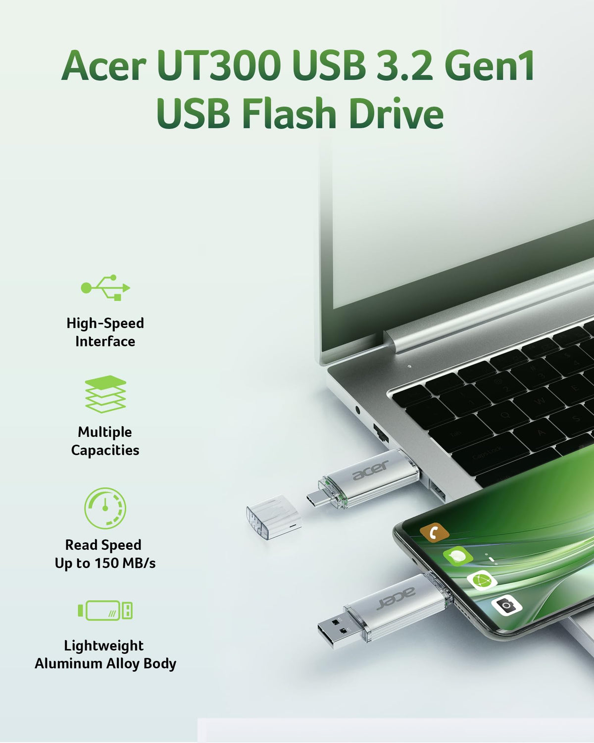Acer UT300 USB 3.0 Flash Drive 32GB, Memory Pen Stick with Transfer Speeds Up to 150 MB/s, USB Type-C Typc-A Thumb Drive for Phones, Laptops, TVs and Audio Equipment