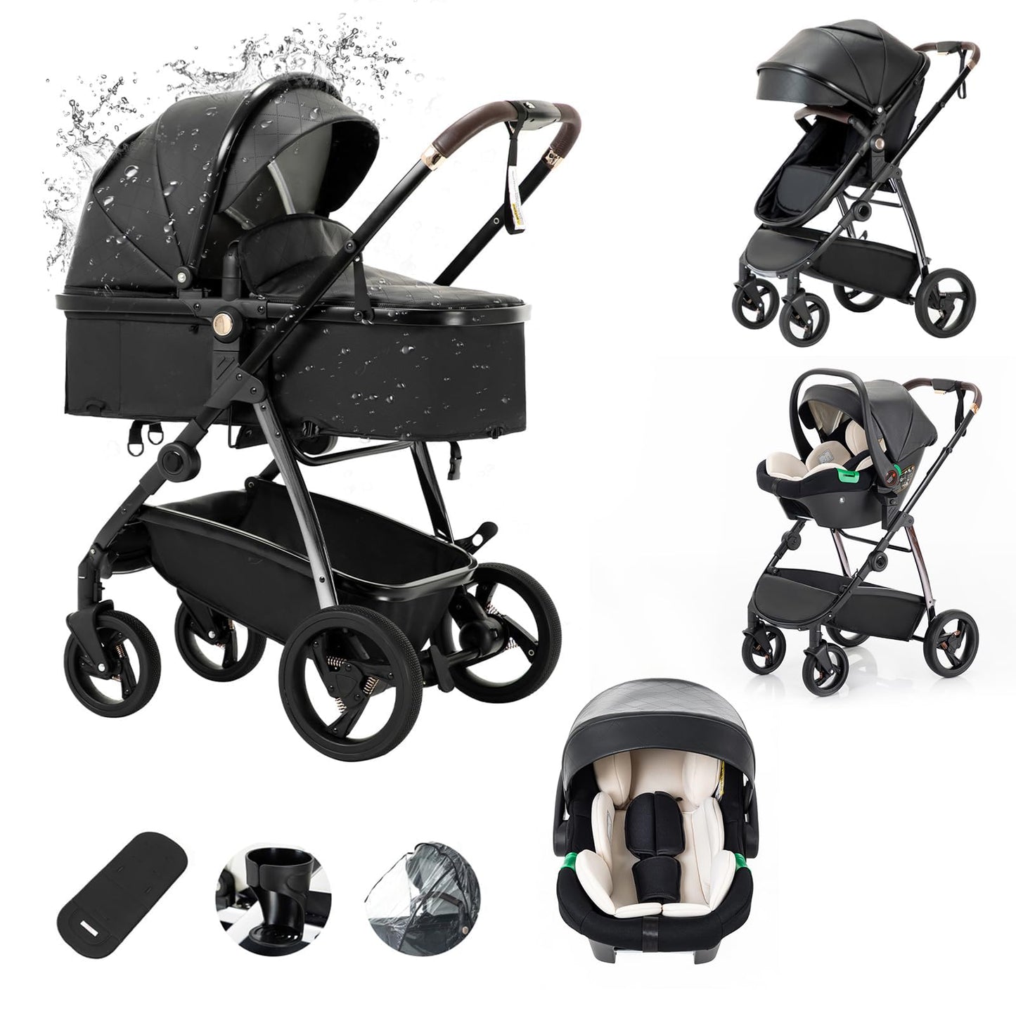 Zkipm Baby Pram 3 in 1, Foldable Baby Stroller,Pram Set Travel with Adjustable-Height Push Handle, Present Rain Cover, Mosquito Net, Bag, Cooling Mat, ect for Ages 0–3