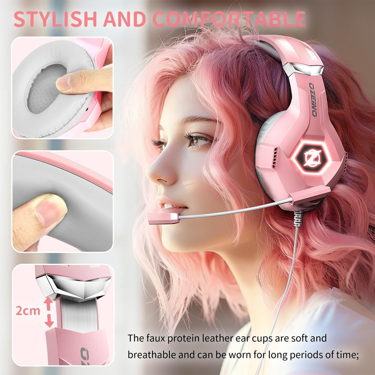 Ozeino Gaming Headset with Microphone for PS5/PS4/Xbox One/PC/Switch, Gaming Headphones with 3D Surround Sound & Noise Cancellation Pink