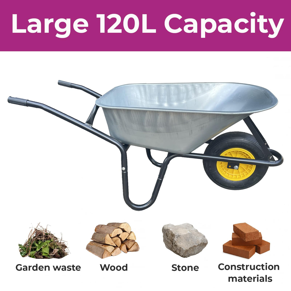 Neo Wheelbarrow Home Garden Cart Galvanised with Pneumatic Tyre (85L) Silver