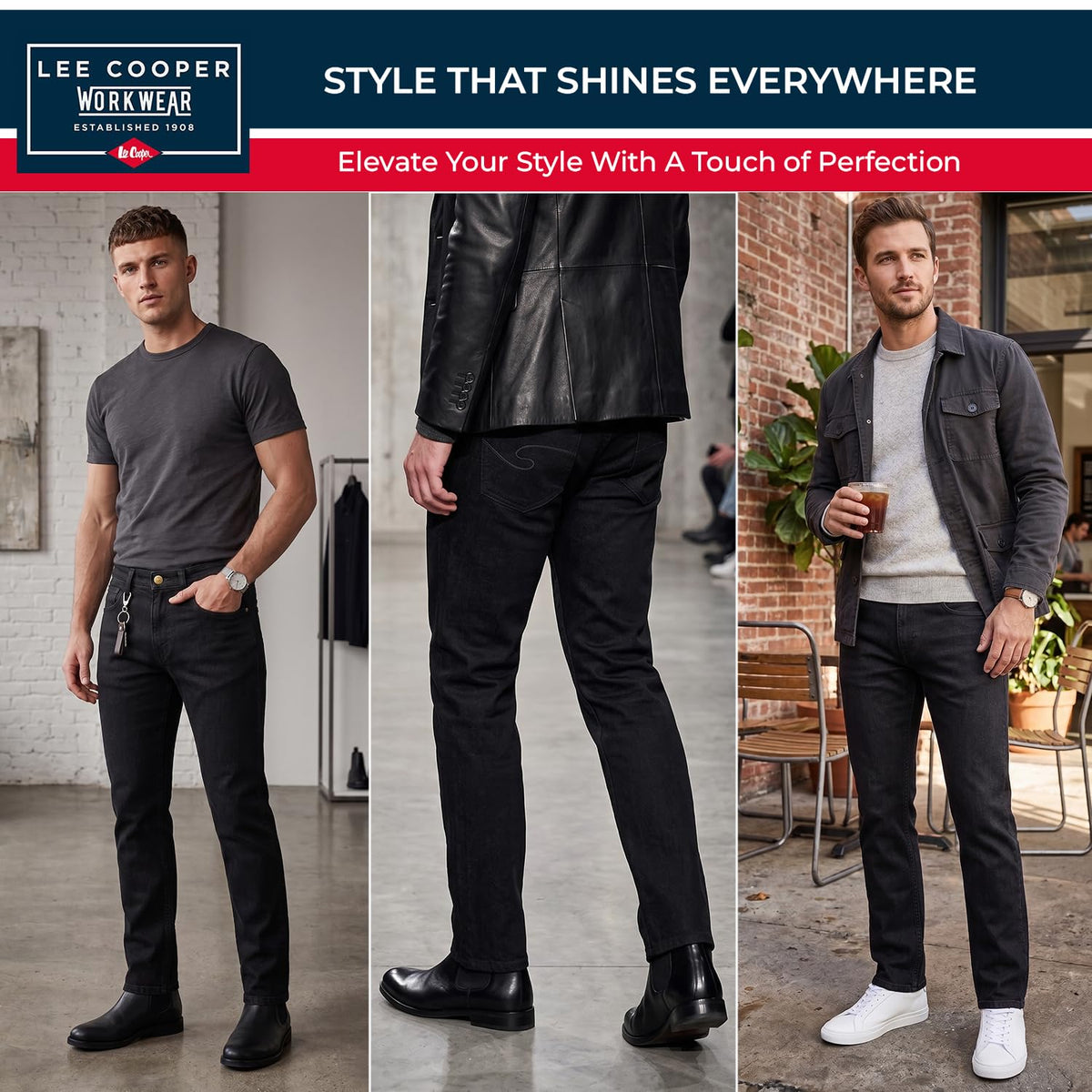 Lee Cooper Men's Jeans Classic Regular Fit with 5 Pockets Design Zip Fly & Belt Loop Heavy Duty Denim Wash Stretch Plain Casual Workwear Durable Utility Straight Leg Work Pants (Black/Navy)