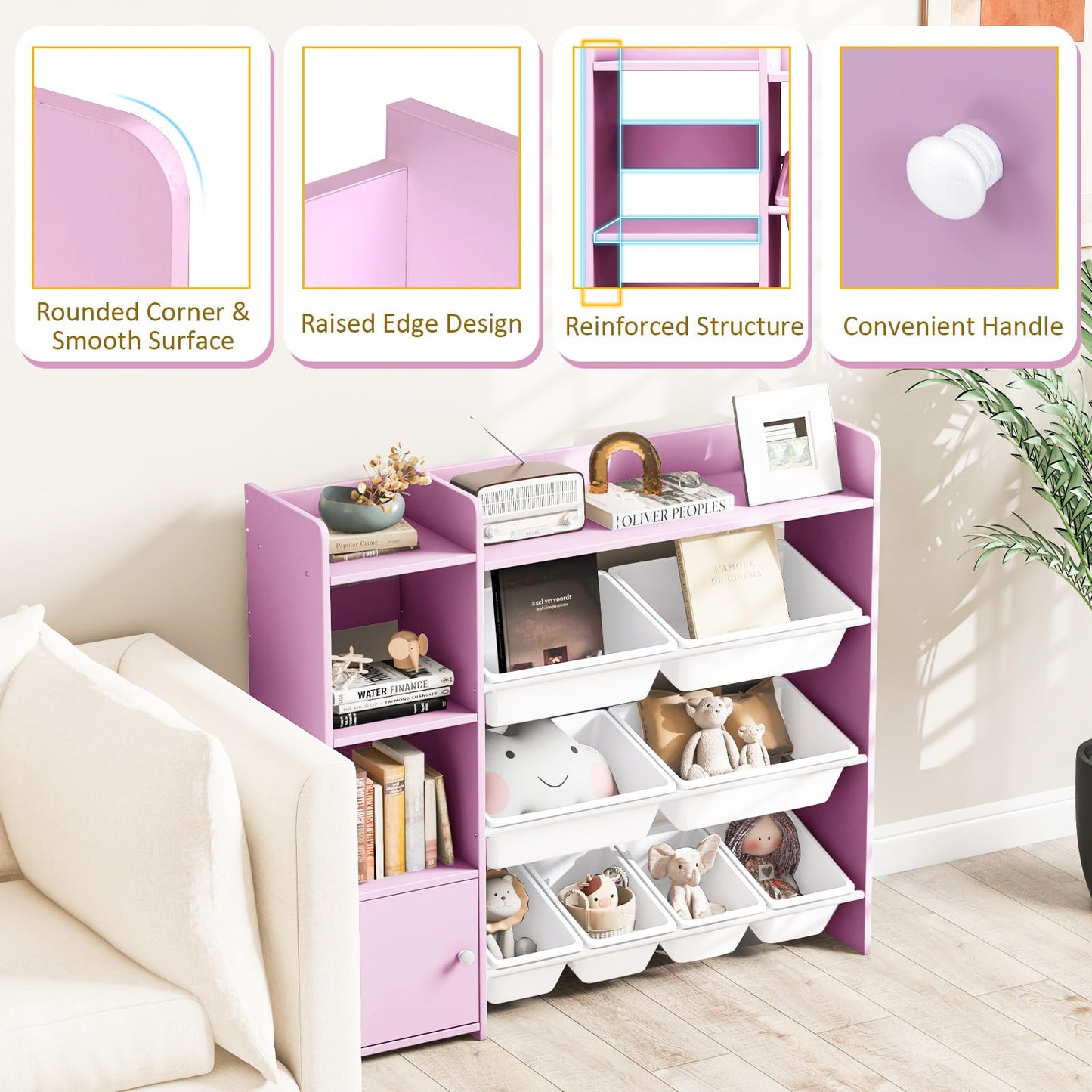 GYMAX Toy Storage Organizer, 4 Tiers Kids Bookshelf and Toy Storage Unit with 8 Bins, Open Shelves and Enclosed Cabinet, Children Bookcase for Playroom Bedroom Nursery (Pink)