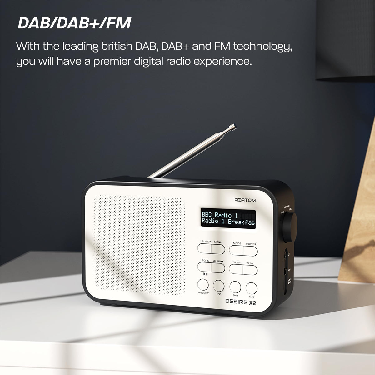 DAB/DAB+ & FM Portable Digital Radio | Simple Controls | Dual Alarms & Sleep Timer | Battery & Mains Powered (4x”AA”) | Bluetooth | Perfect for Home, Office or Outdoors | AZATOM Desire X2 (Black)