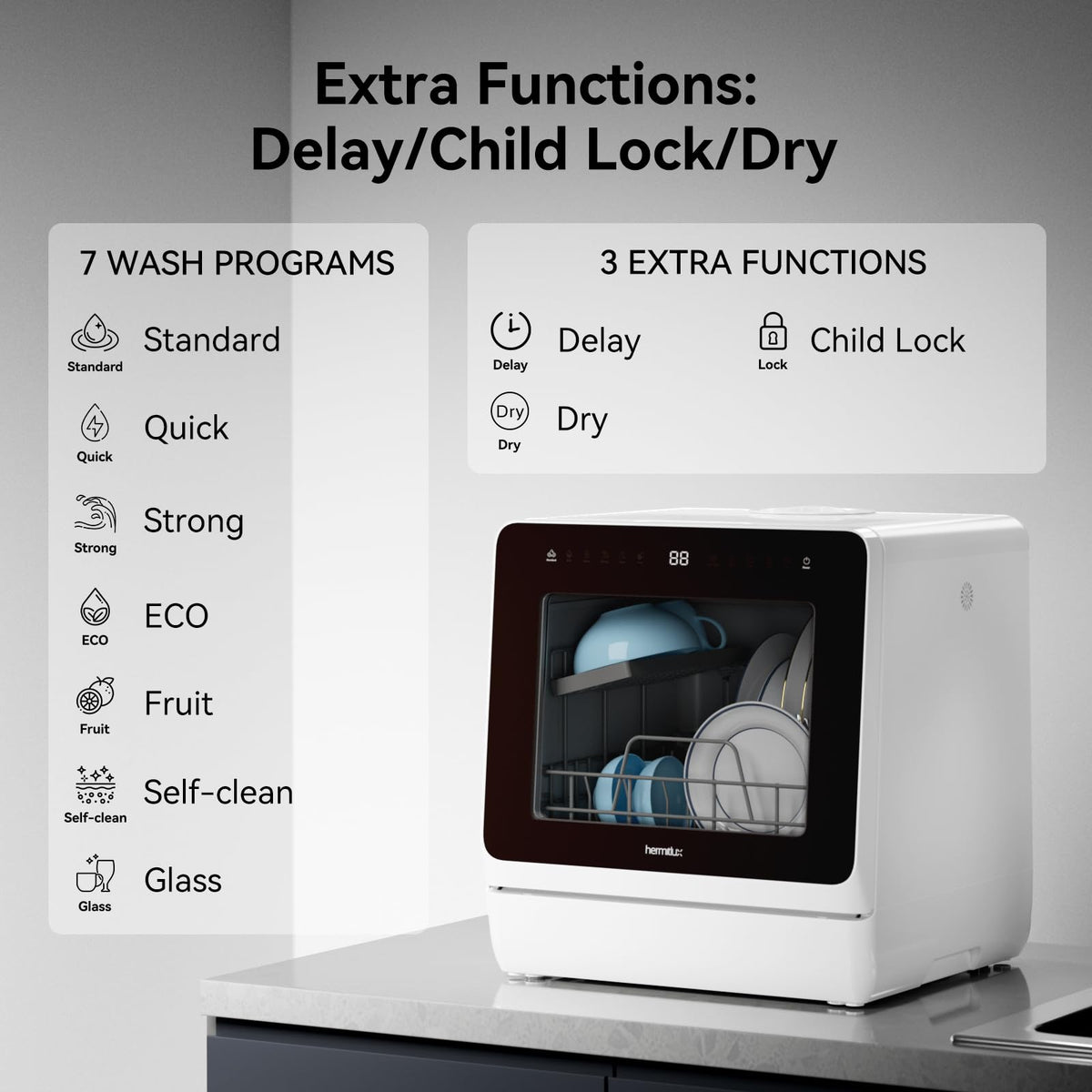 Hermitlux Table Top Dishwasher, Mini Countertop Dishwasher with 4 Place Settings, 5L Built-in Water Tank, 6 Programmes, Touch Control, Baby Care and Fruit Wash, White