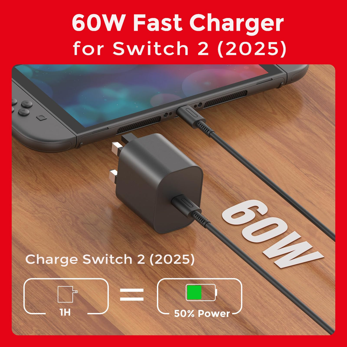 Charger for Nintendo Switch 2, 60W Fast Charging with 10FT/3M USB C Cable