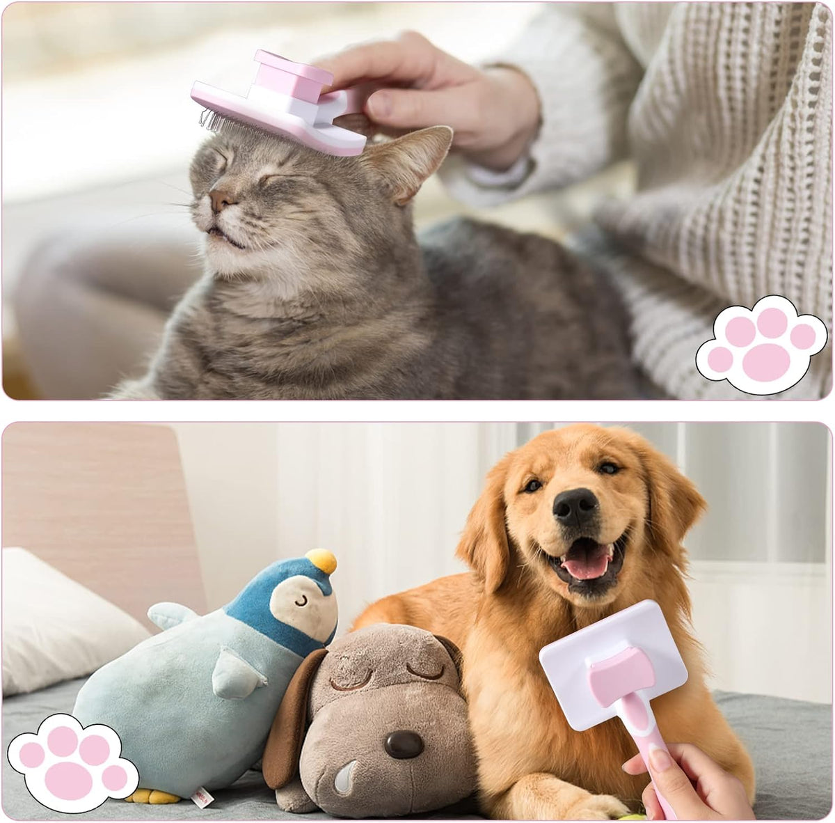 Vinabo Cat Dog Comb Brush, Cat Brush Grooming Comb, Self Cleaning Slicker Brushes, Pet Grooming Tool with Cleaning Button for Dog Shedding Tools