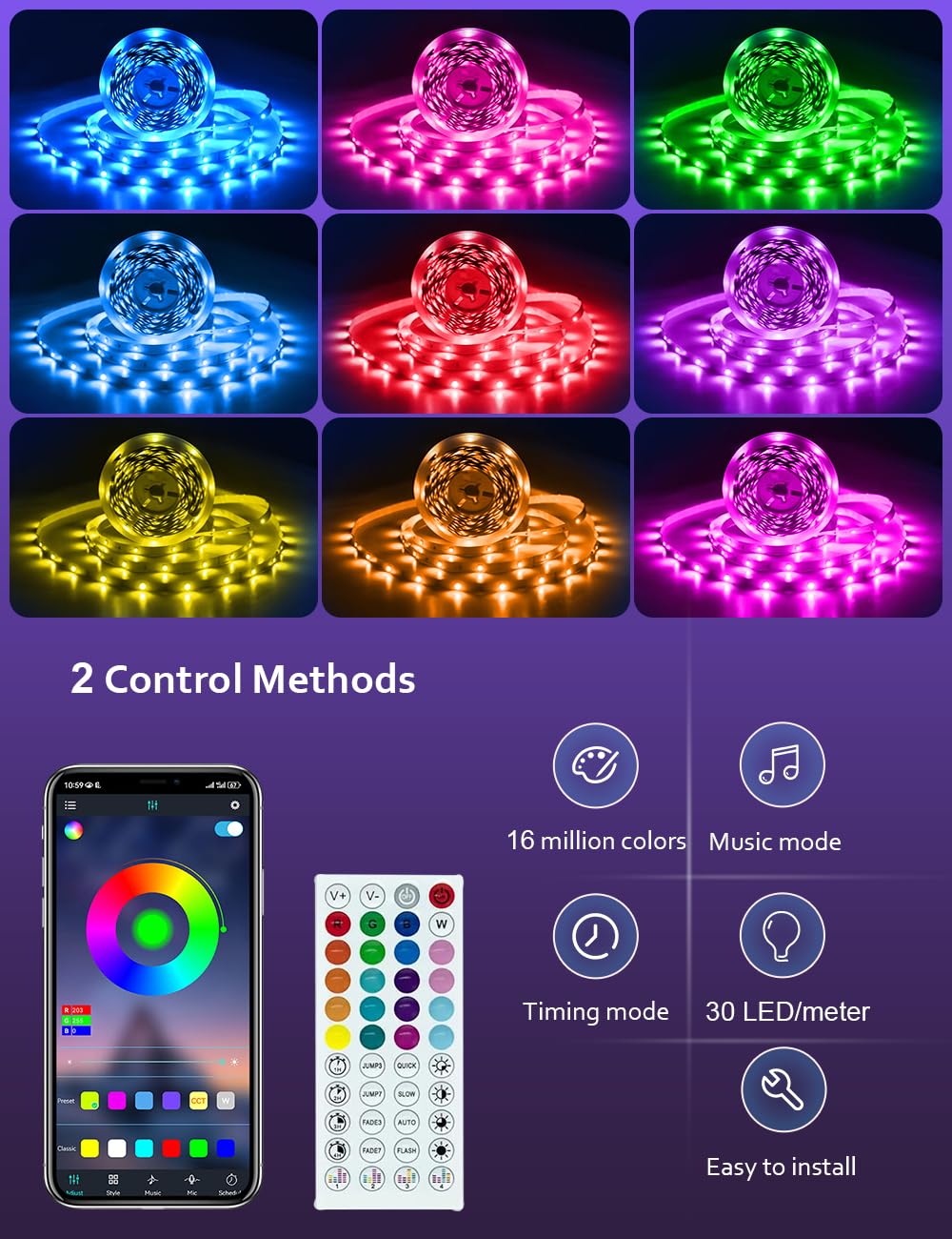 HOVVIDA LED Strip Lights 10M, 1x10M, 30 LEDs/Meter, 24V RGB LED Strip Light, 300 LEDs, APP and Remote Control, Music Mode, Timer Mode, LED for Bedroom, Living Room, Kitchen, Party