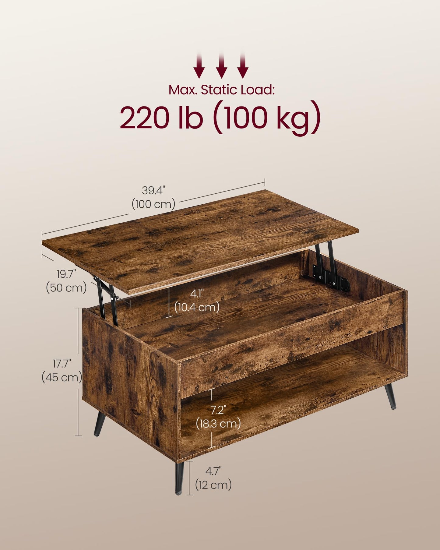 VASAGLE Lift Top Coffee Table, Lift Tabletop Dining Table, Gas Spring, Hidden Compartment, Open Storage Shelf, for Living Room, Home Office, Rustic Brown and Matte Black LCT267KD01