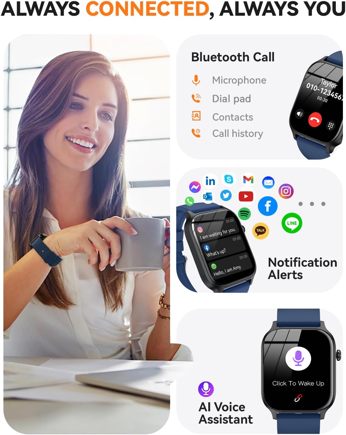 Smart Watch for Men Women- Answer/Make Call, 2024 IP68 Waterproof Fitness Tracker Watch with Sleep Step Counter Activity Smartwatch for Samsung Android iPhone iOS (Black-Blue, 1.83)