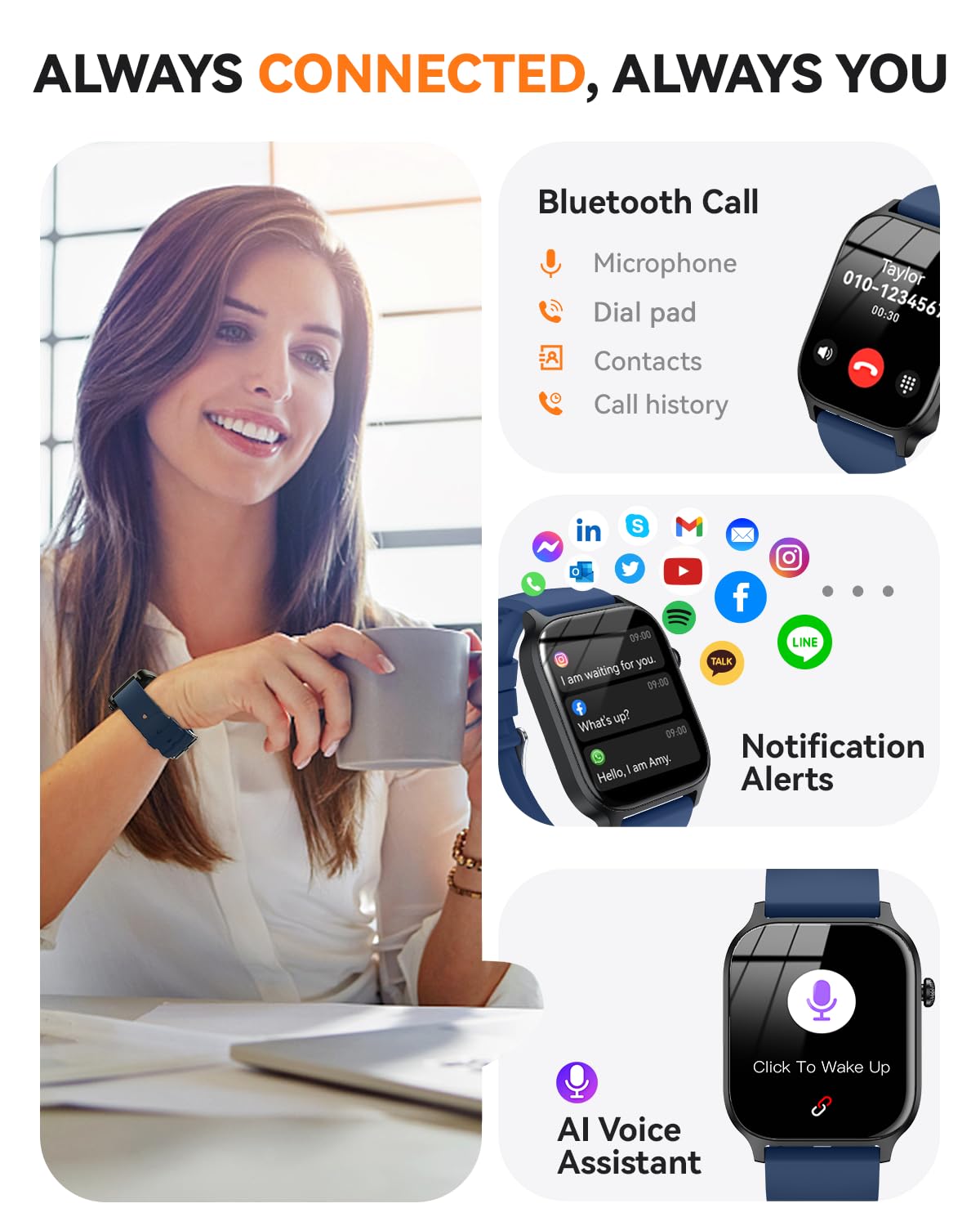 Smart Watch for Men Women- Answer/Make Call, 2024 IP68 Waterproof Fitness Tracker Watch with Sleep Step Counter Activity Smartwatch for Samsung Android iPhone iOS (Black-Blue, 1.83)