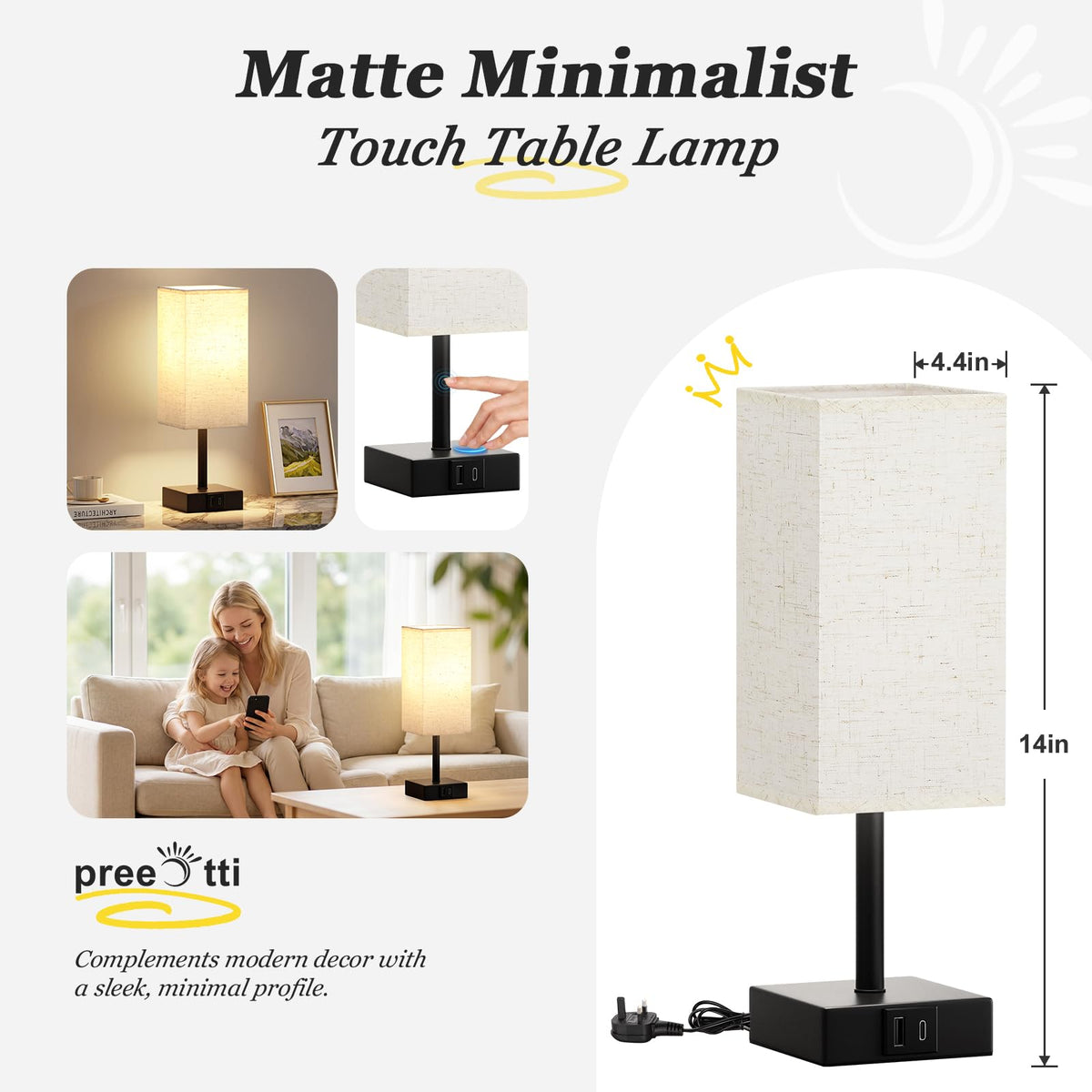 Pink Touch Lamp, Bed Lamp with Dual USB Charging Ports, Pink-Base (Bulb Included)