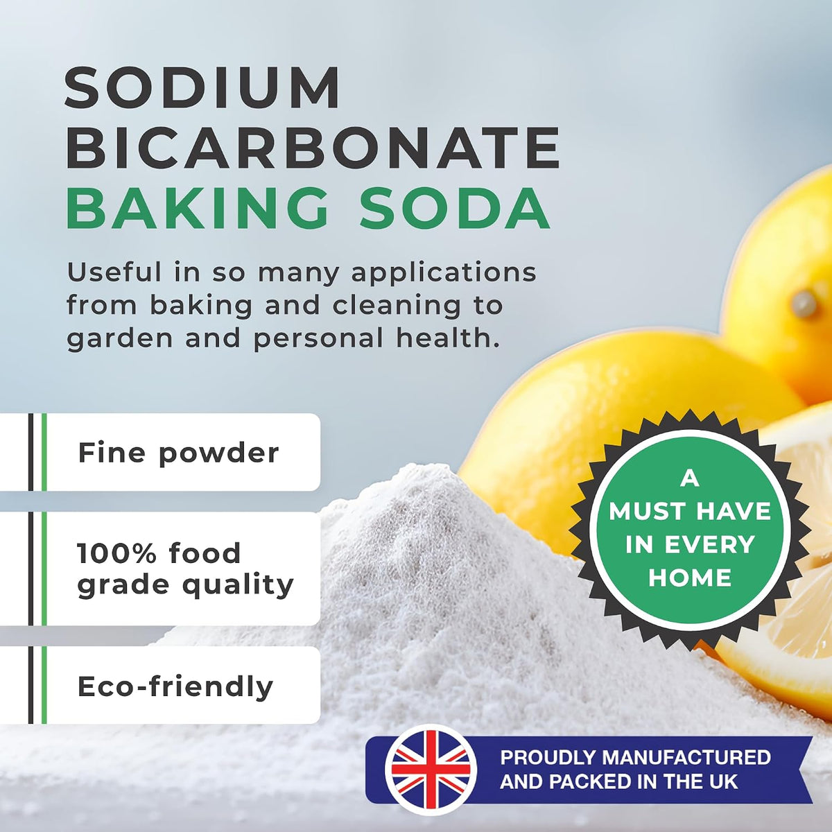 Baking Soda, Sodium Bicarbonate (1KG Bucket) UK MADE Pure Baking Soda for Cleaning, Cooking, Bath Bombs, Odours and Teeth Cleaning. Eco Friendly Bicarbonate of Soda.