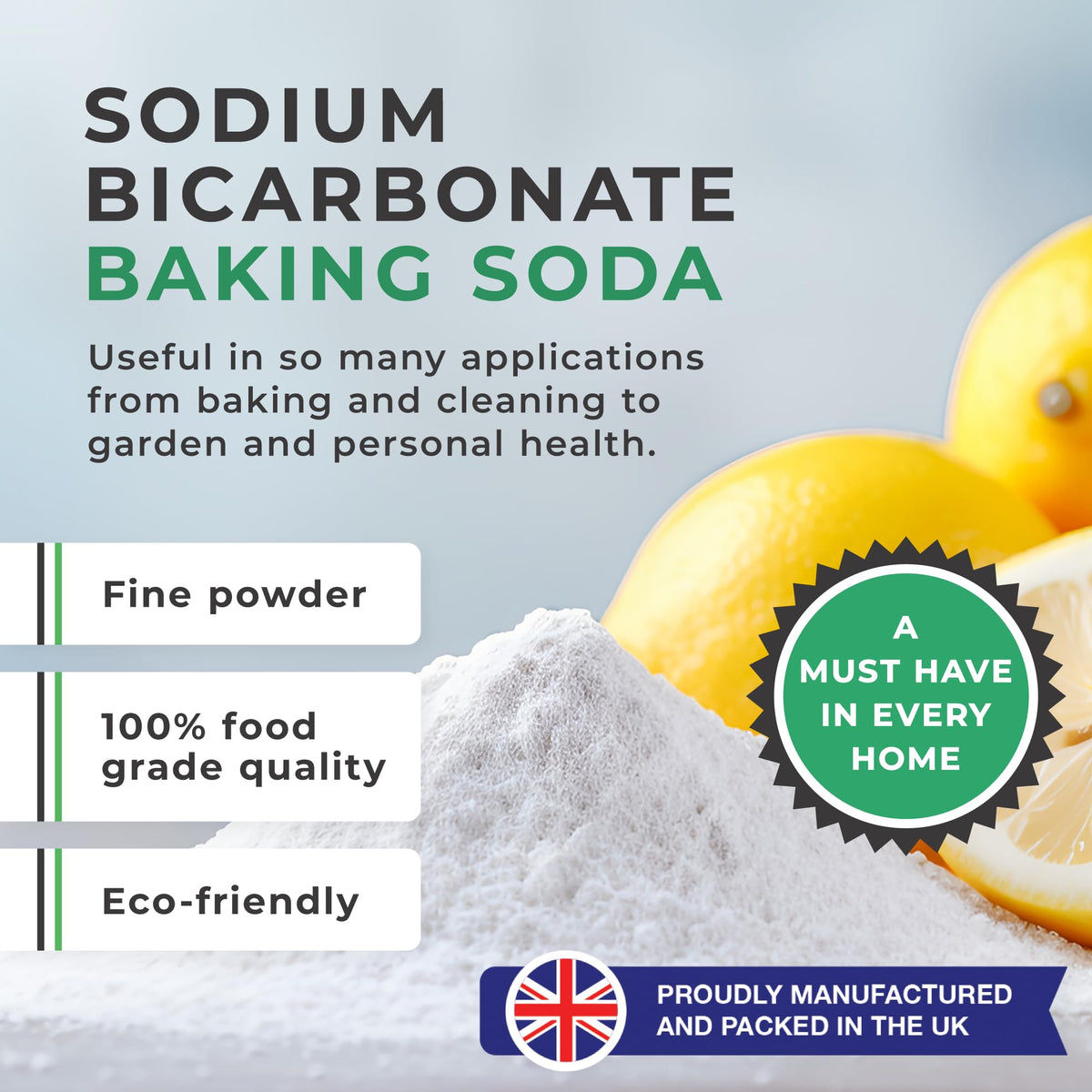 Baking Soda, Sodium Bicarbonate (1KG Bucket) UK MADE Pure Baking Soda for Cleaning, Cooking, Bath Bombs, Odours and Teeth Cleaning. Eco Friendly Bicarbonate of Soda.