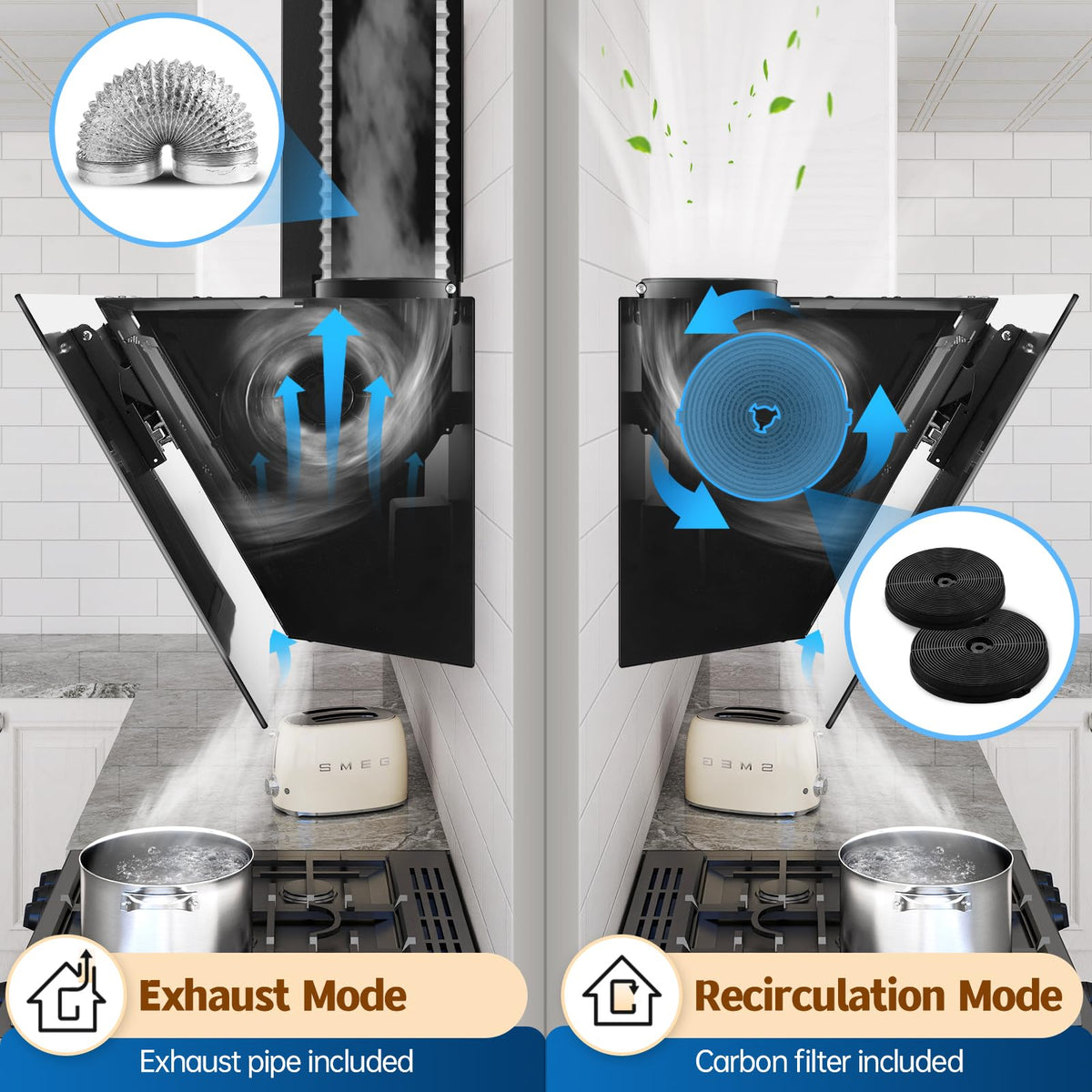 TopStrong Cooker Hood 90cm, 600 m³/h Extractor Fan kitchen, Wall-Mounted Extractor Hood, A++ Energy Efficiency, Touch Control, 58 dB, Recirculating & Ducting System, Black