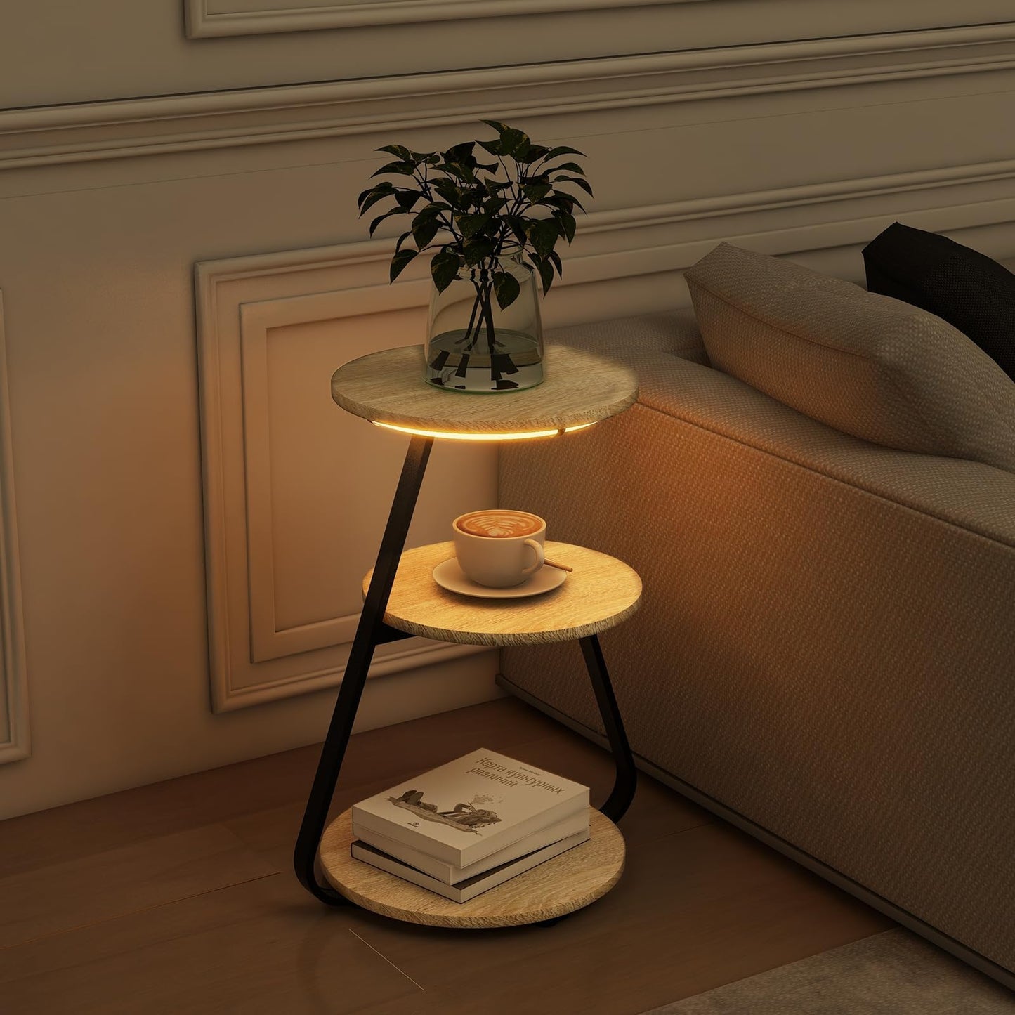 ARTETHYS Side Table, Small Round Coffee Table with 3 Color LED Lights, End Table with 3 Tier Storage Shelves, Bedside Sofa Side Tables for Living Room Bedroom, Rustic Brown
