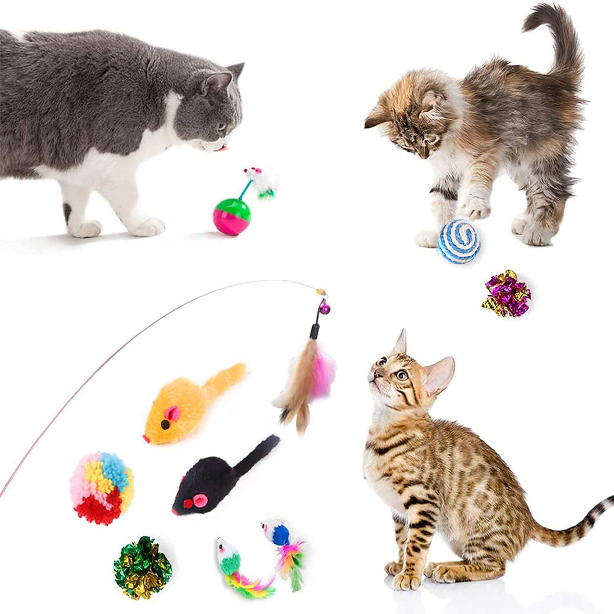20 Pcs Cat Toys for Indoor Kitten, Collapsible Tunnel, Interactive Feather Wand Ball Spring Mice Toy for Puppy Kitty