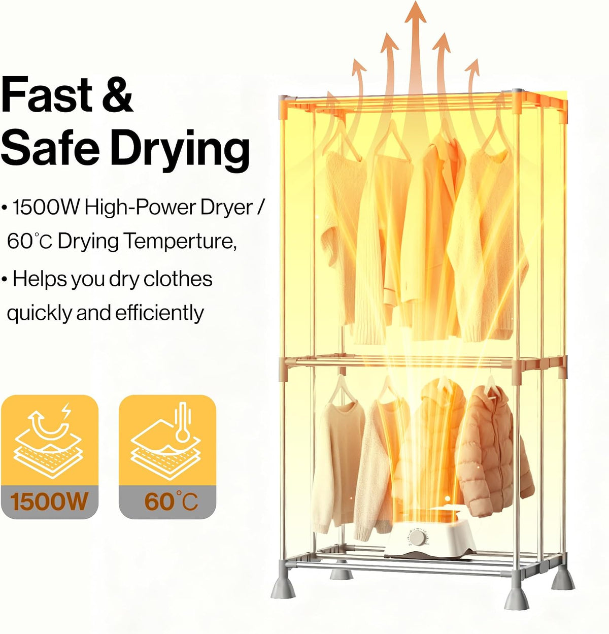 Electric Clothes Dryer with Sock Clip, 2-Tier Foldable Heated Clothes Airer with Cover,20KG Large Capacity Warm Air Drying Wardrobe,1500W Heated Clothes Airer,Energy-Efficient Clothes Drying Rack