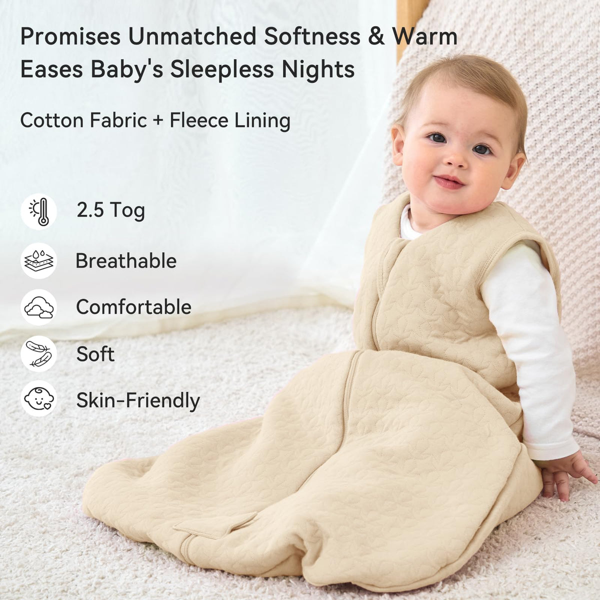Unnivoll Baby Sleeping Bag 2.5 Tog 0-6 Months 100% Cotton Winter Sleeping Bag Baby 2-Way Zipper Quilted Sleep Sack for Newbron Infant Warm Soft Apricot