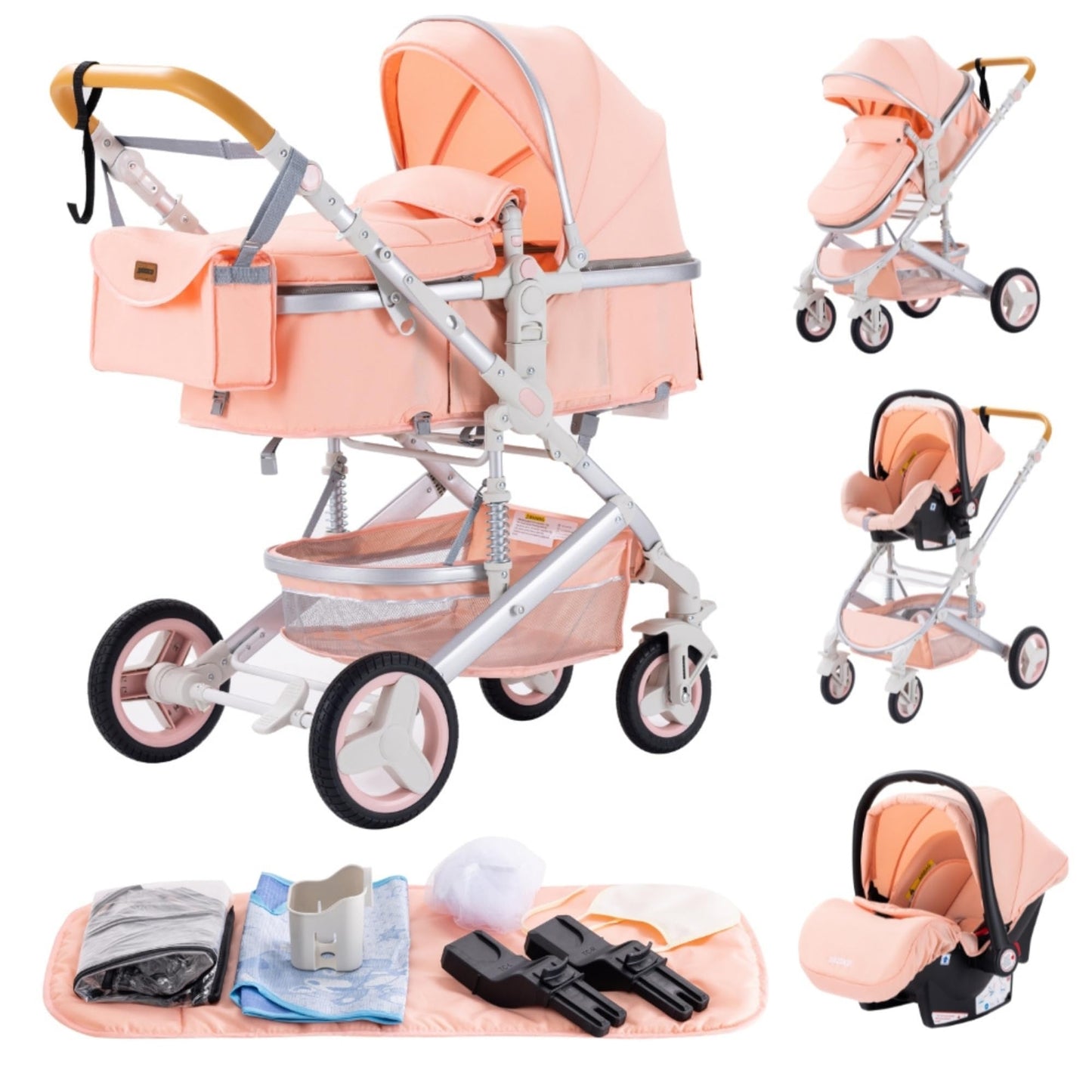 YAZOCO 3 in 1 Prams Travel System, Foldable Lightweight Baby Stroller, Adjustable Handle, Aluminum Frame for Newborn 0-4 Years Changing Bag (530 Black)