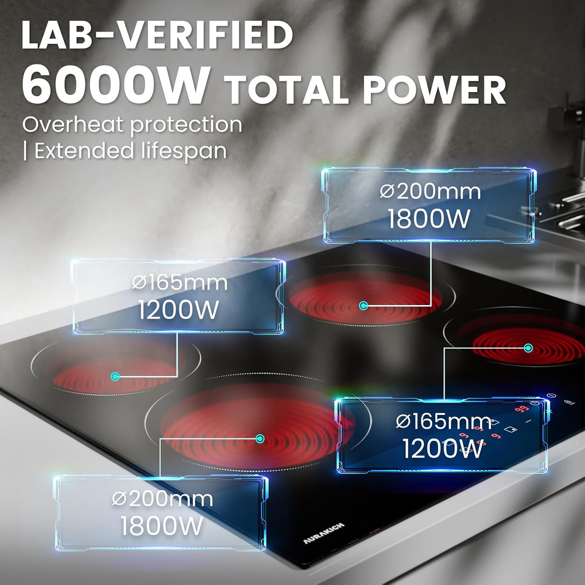 Ceramic Hob 59cm 4 Zone Built-in, Abrasion-Resistant Glass