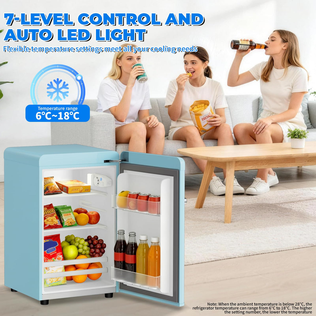 Retro Mini Fridge, 72L Compact Refrigerator, 43dB Quiet Operation, Adjustable 7-Temp Control, with LED Light, for Bedroom, Office, Kitchen & RV