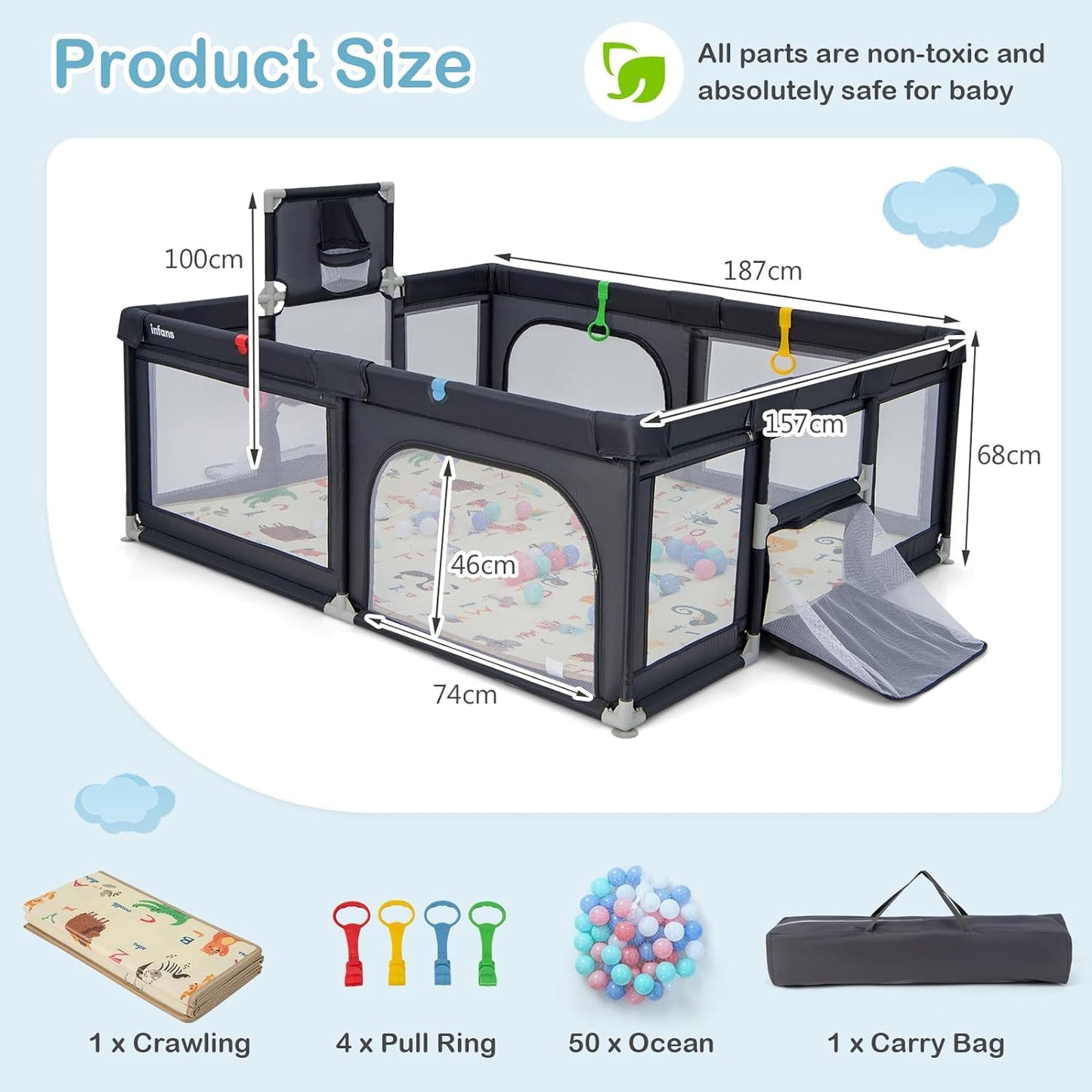 COSTWAY Baby Playpen, Toddler Mesh Play Pen with Mat, Pull Rings, Basketball Hoop, Football Nets, Ocean Balls, Indoor Outdoor Safety Playard for Babies and Toddlers (Light Gray, 207 x 142cm)