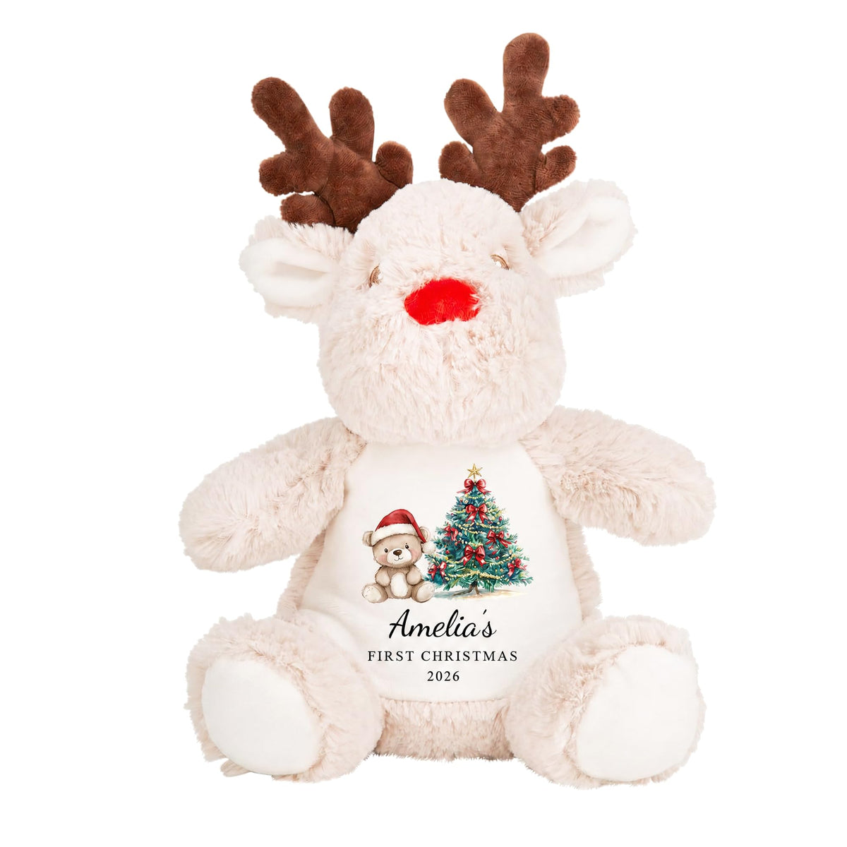 Chicken Craft Personalised Reindeer Soft Toy - Baby's 1st Christmas Keepsake Plush with Name