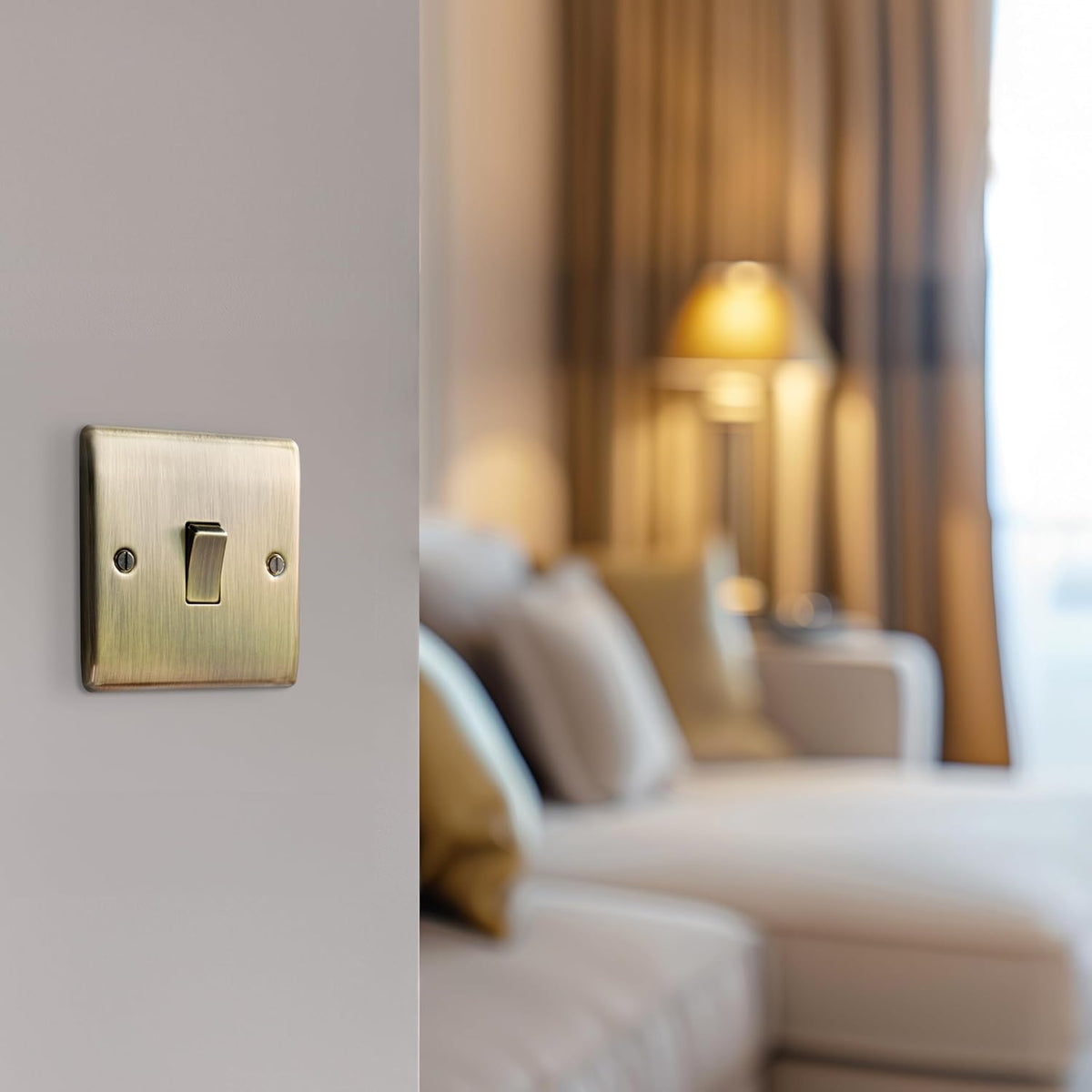 BG Electrical Single Wall Light Switch, 2 Way, Raised and Slim Profile, Round Edges, Nexus Metal, Antique Brass, 20A, 16AX, NAB12