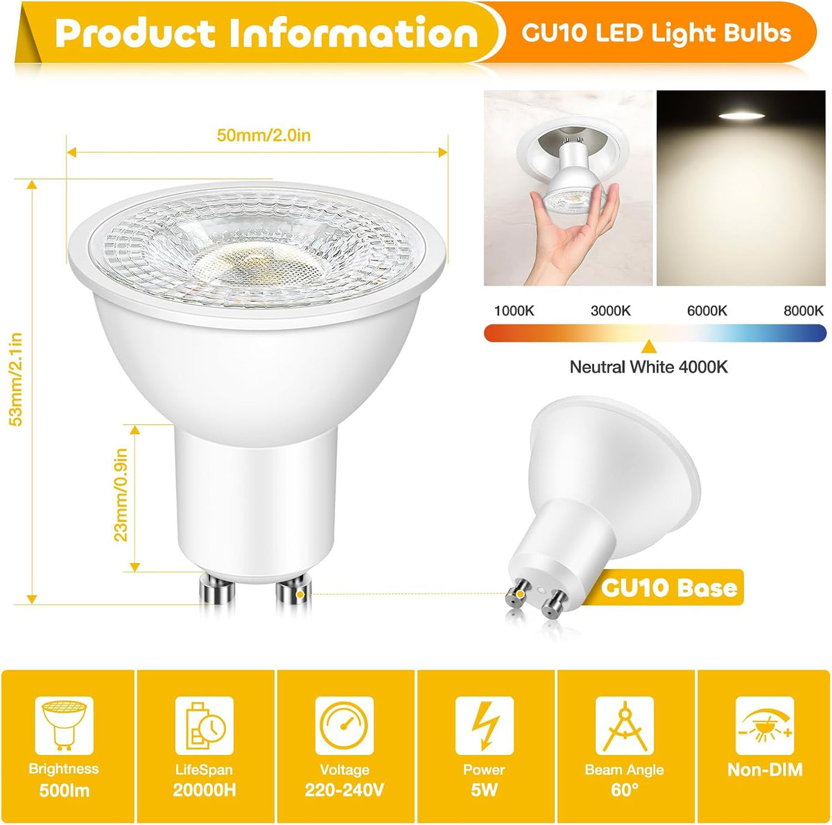 Morotty GU10 LED Spotlight Bulbs, GU10 LED Bulbs 5W Neutral White 4000K