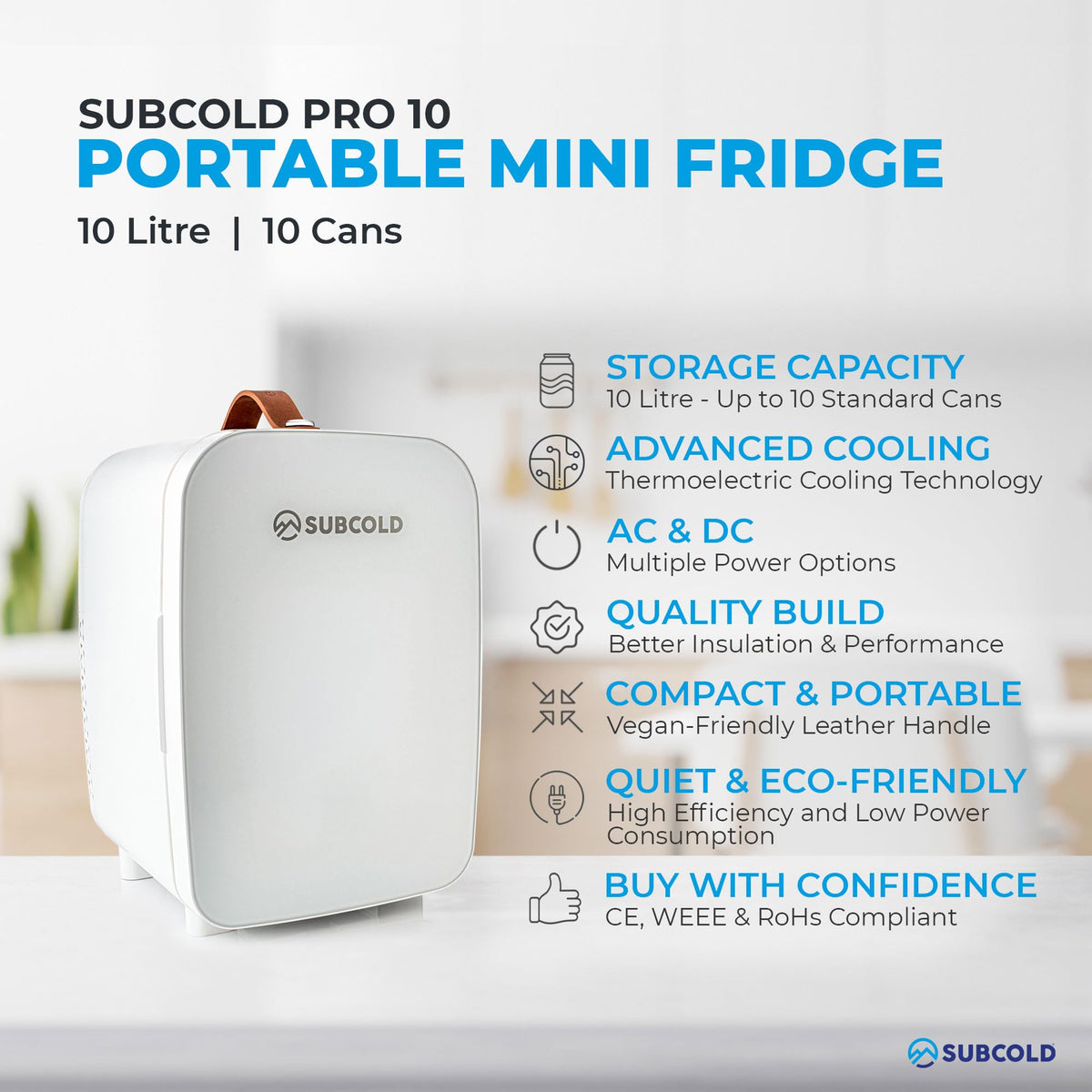 Subcold Pro4 Mini Fridge 4L, Quiet Small Fridge for Bedroom, AC & USB