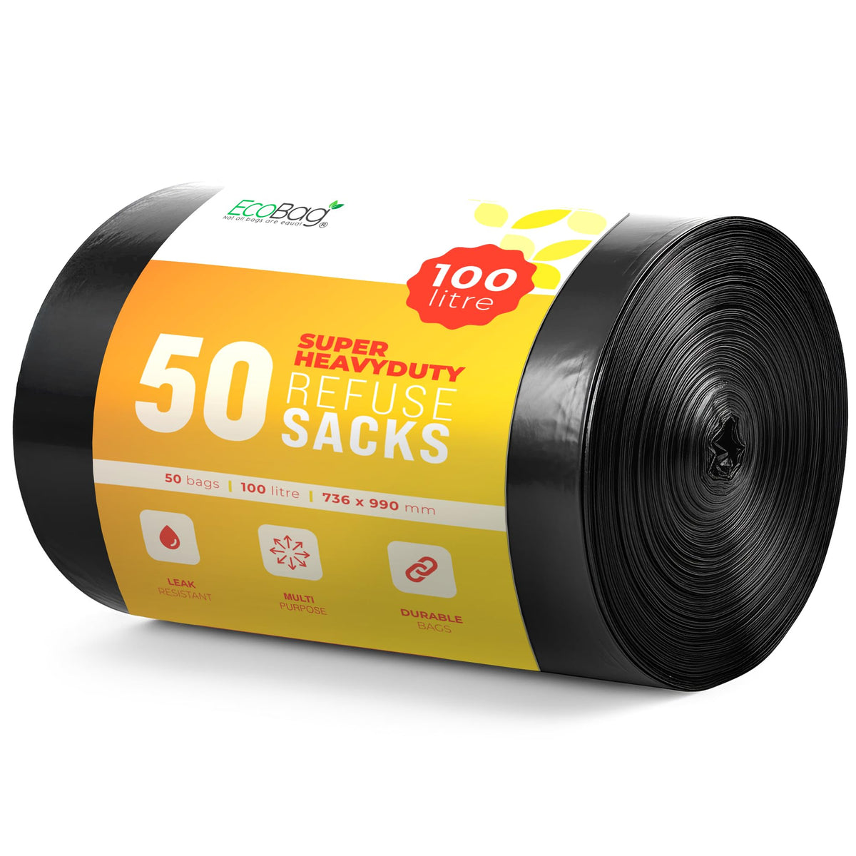 EcoBag Refuse Sacks, Recyclable & Leak Resistant, 100L Everyday (30µm)
