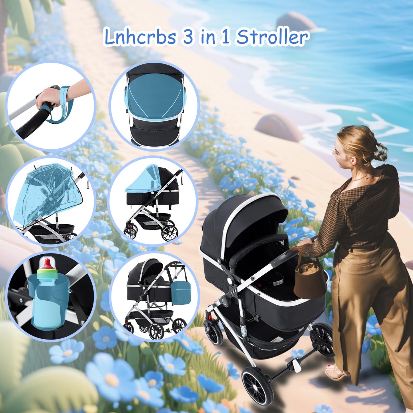 Baby Stroller 3 in 1,Travel Pushchair's Lie-Flat Pram is Foldable, Stroller System Handle is Adjustable, The Wheels are Made of PU Material, Suitable for 0-3 Years-Khaki