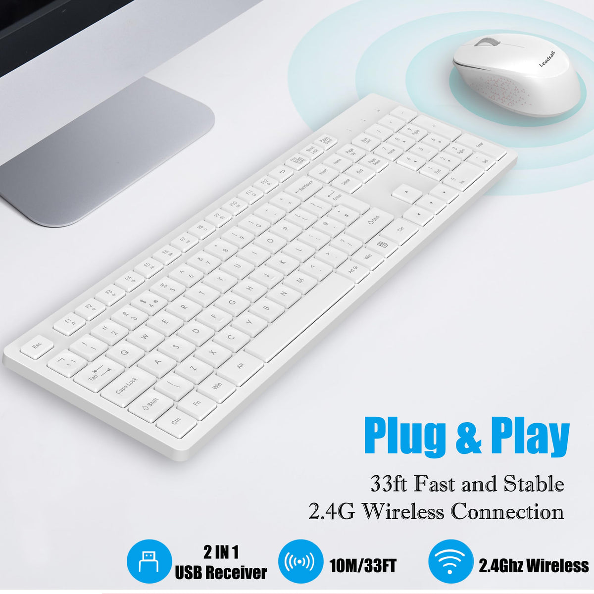 LeadsaiL Wireless Keyboard and Mouse Set, 2.4GHz USB Computer Keyboards and Mouse Combo, Full Size UK QWERTY Layout, Ergonomic Design with 12 Multimedia Shortcuts for HP/Lenovo Laptop and Mac-Purple