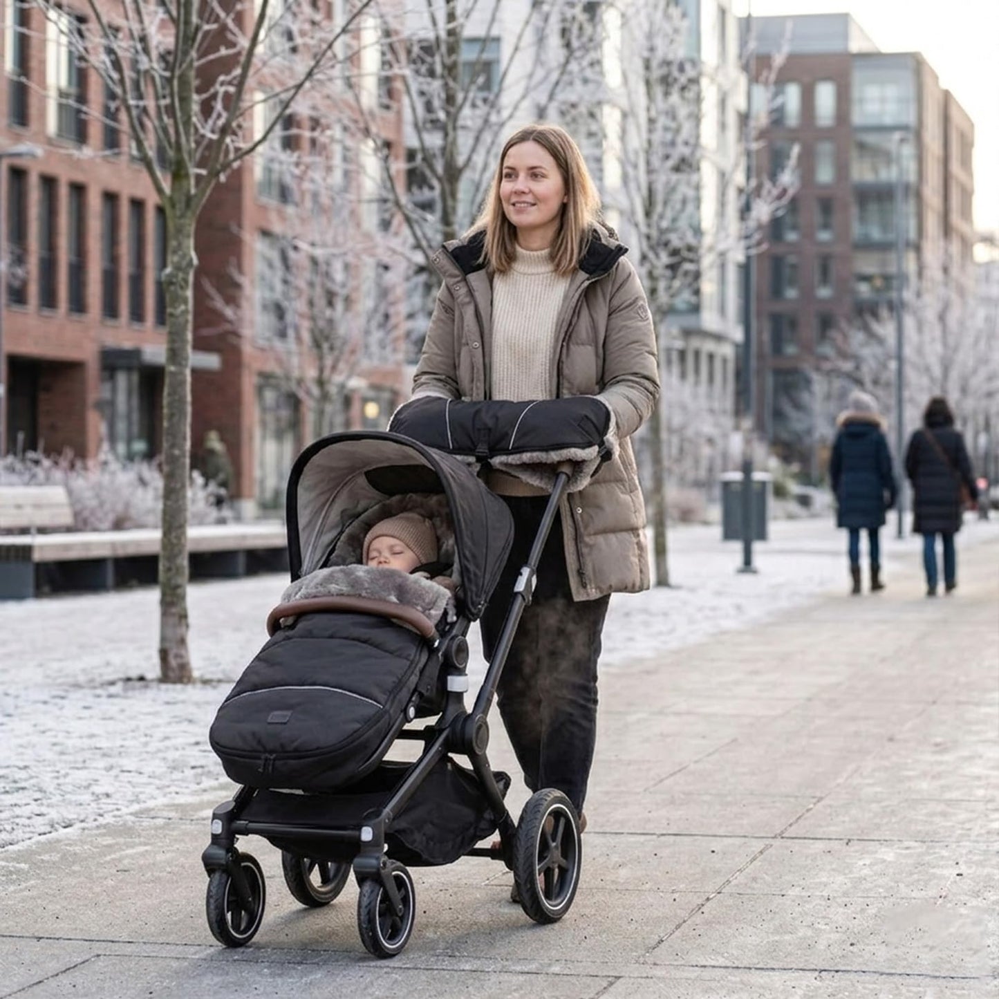 Sheepskin Handmuff for Stroller – Luxury Warm Winter Pram Hand Muff with Velcro Straps – Genuine Shearling Pushchair Handle Cover for Cold Weather Walks, Cosy Outdoor Accessory- 46cm×21cm (Black)