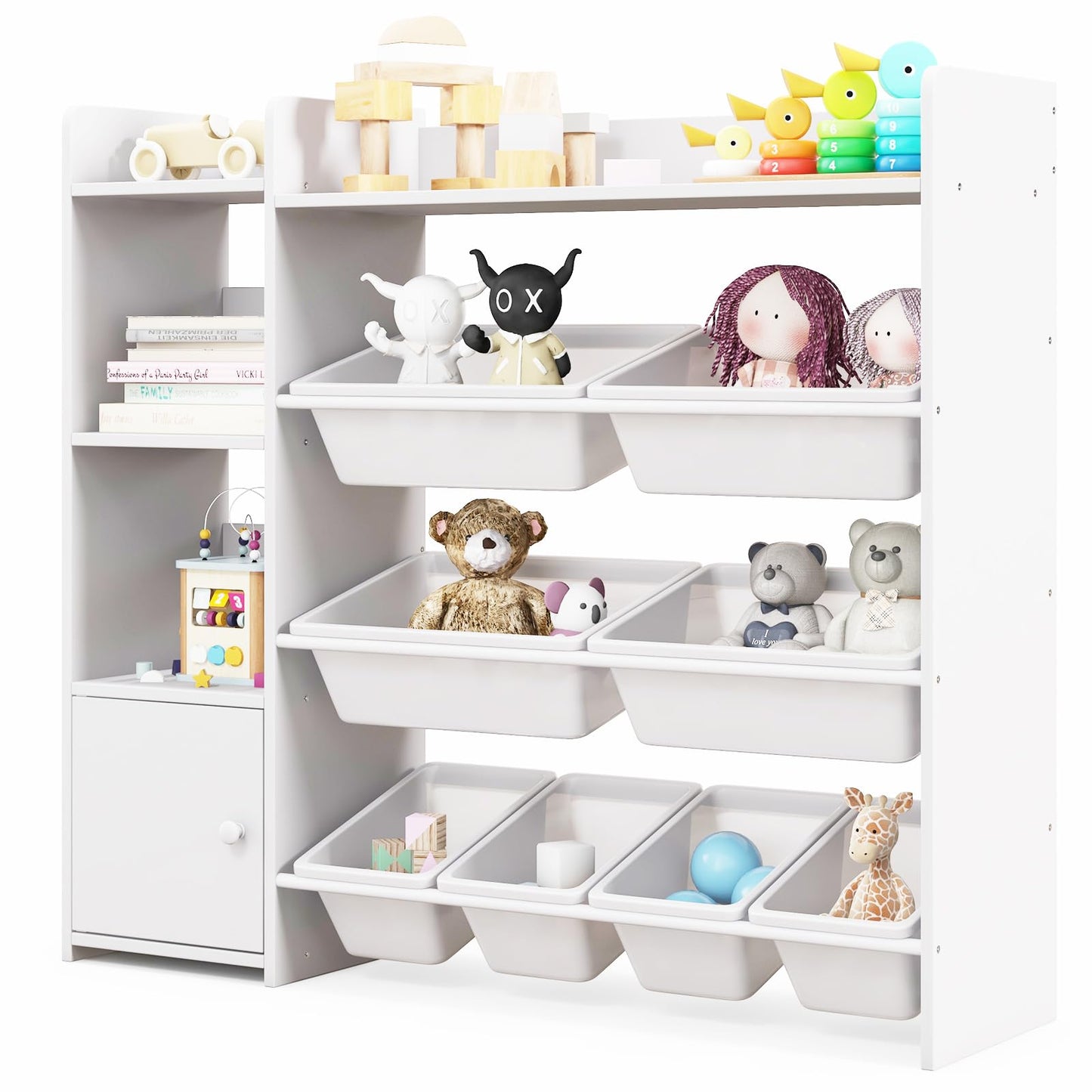 GYMAX Toy Storage Organizer, 4 Tiers Kids Bookshelf and Toy Storage Unit with 8 Bins, Open Shelves and Enclosed Cabinet, Children Bookcase for Playroom Bedroom Nursery (Pink)