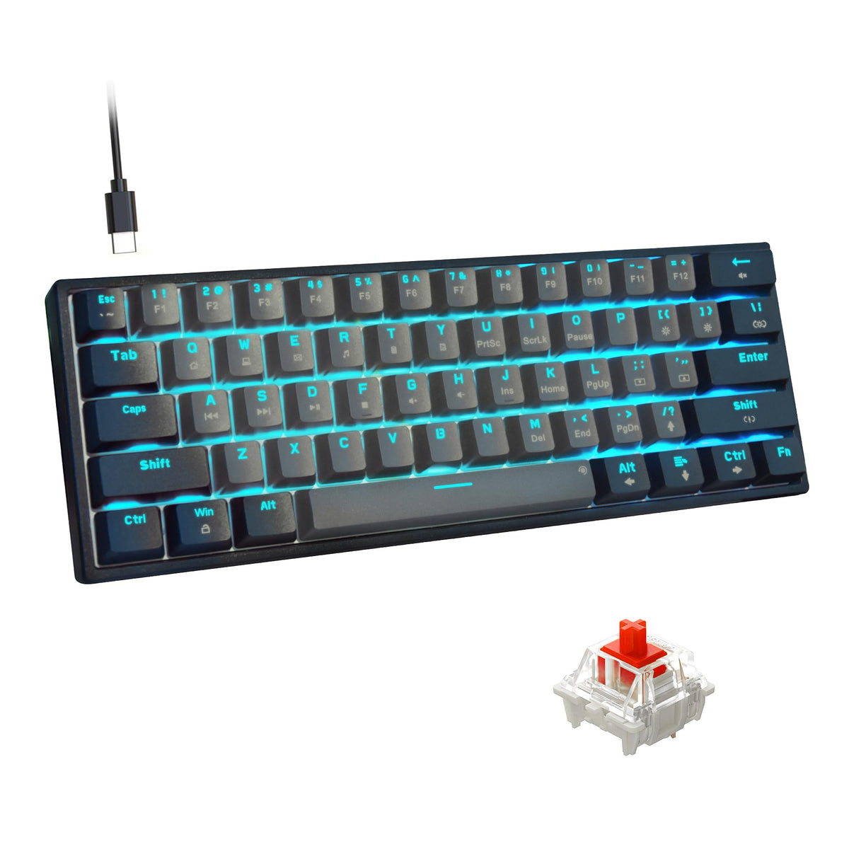 Snpurdiri Wired Mechanical Gaming Keyboard, 60% Size, LED Backlight, 61 Keys, Small Wired Office Keyboard for Windows Laptop/PC, Mac (Black-Red, Blue Switches)