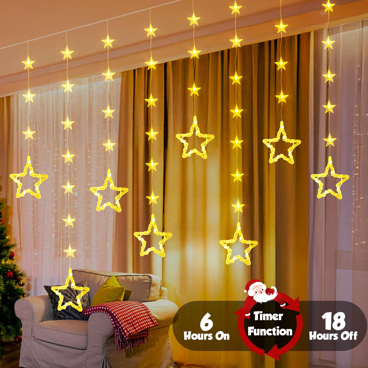 Christmas Star Window Lights, 2M 48 Stars 80 LED Curtain Fairy Lights with Remote, Timer, 8 Modes, Dimmable, USB Powered String Lights for Window, Bedroom, Party, Christmas Decorations