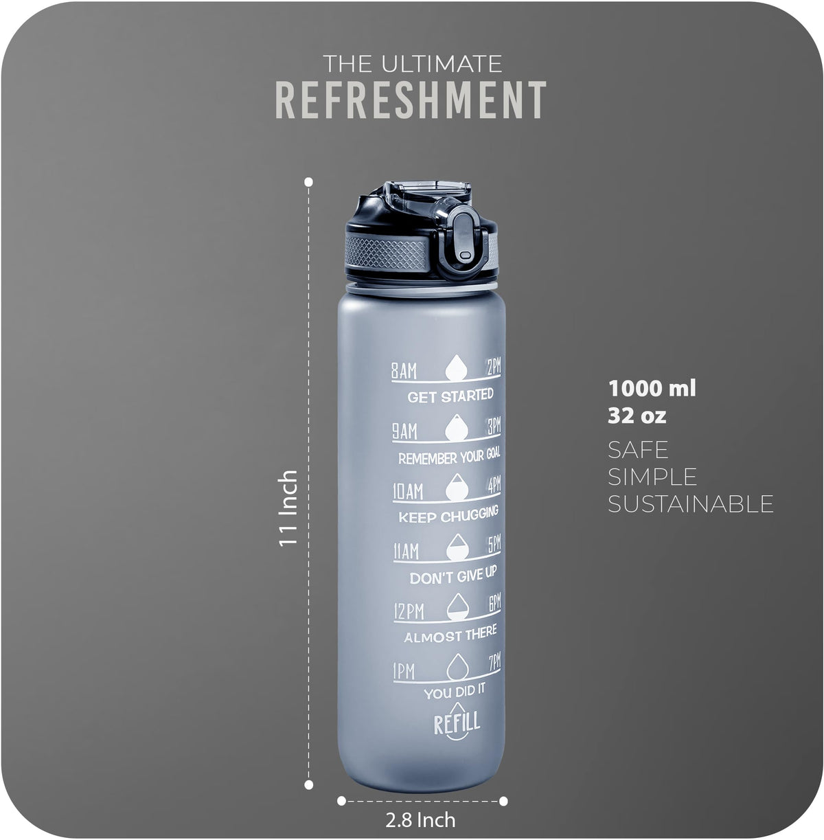 Roe Tenpo Sports Water Bottle with Straw and Time Marking, and 32OZ Capacity - Motivational and Eco-Friendly BPA-Free Bottle for Running, Gym, Yoga, Outdoors, and Camping (Style-1, Black)