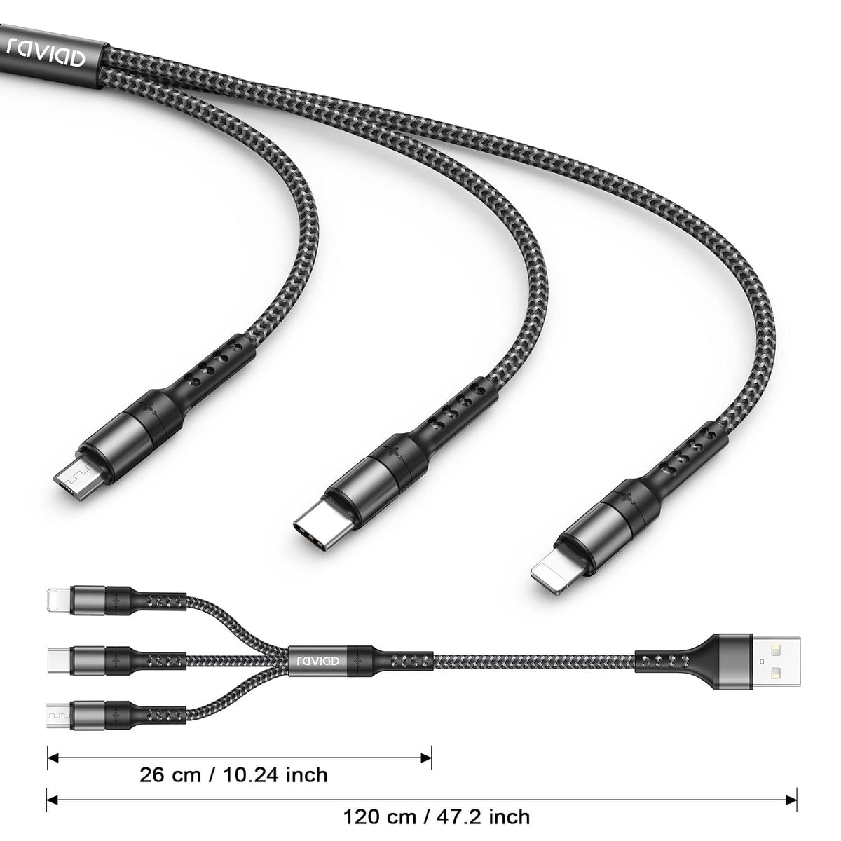 RAVIAD Multi Charger Cable 3 Packs 1.2M 3 in 1 Charging Cable Nylon Braided