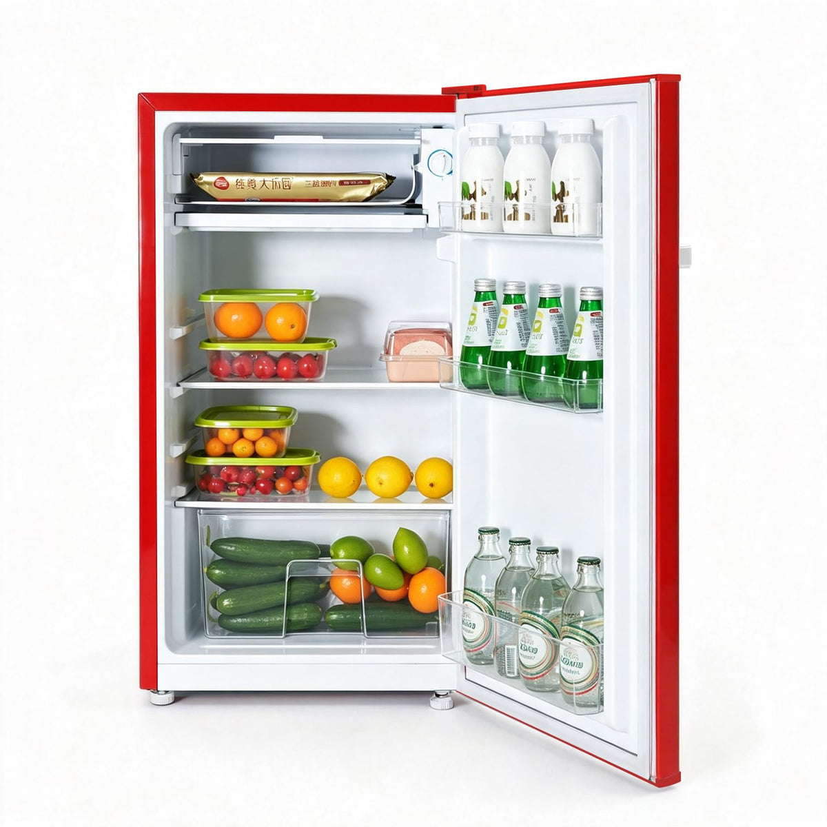 Retro Mini Fridge 85L, Compact Refrigerator, Under Counter Fridge, Direct Cooling, Super Quiet, Adjustable Racks, Metal Handle, Mechanical Control, Led Light
