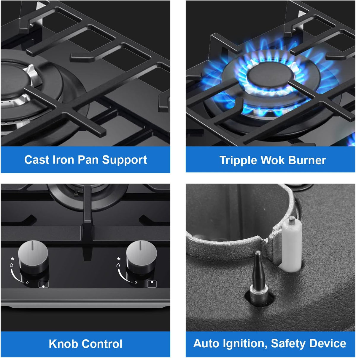 TopStrong Gas Hob 4 Burners, 60cm Black Glass Built-in Cooktop with 8060W Wok Burner & Thermocouple Protection, Natural Gas & LPG Compatible