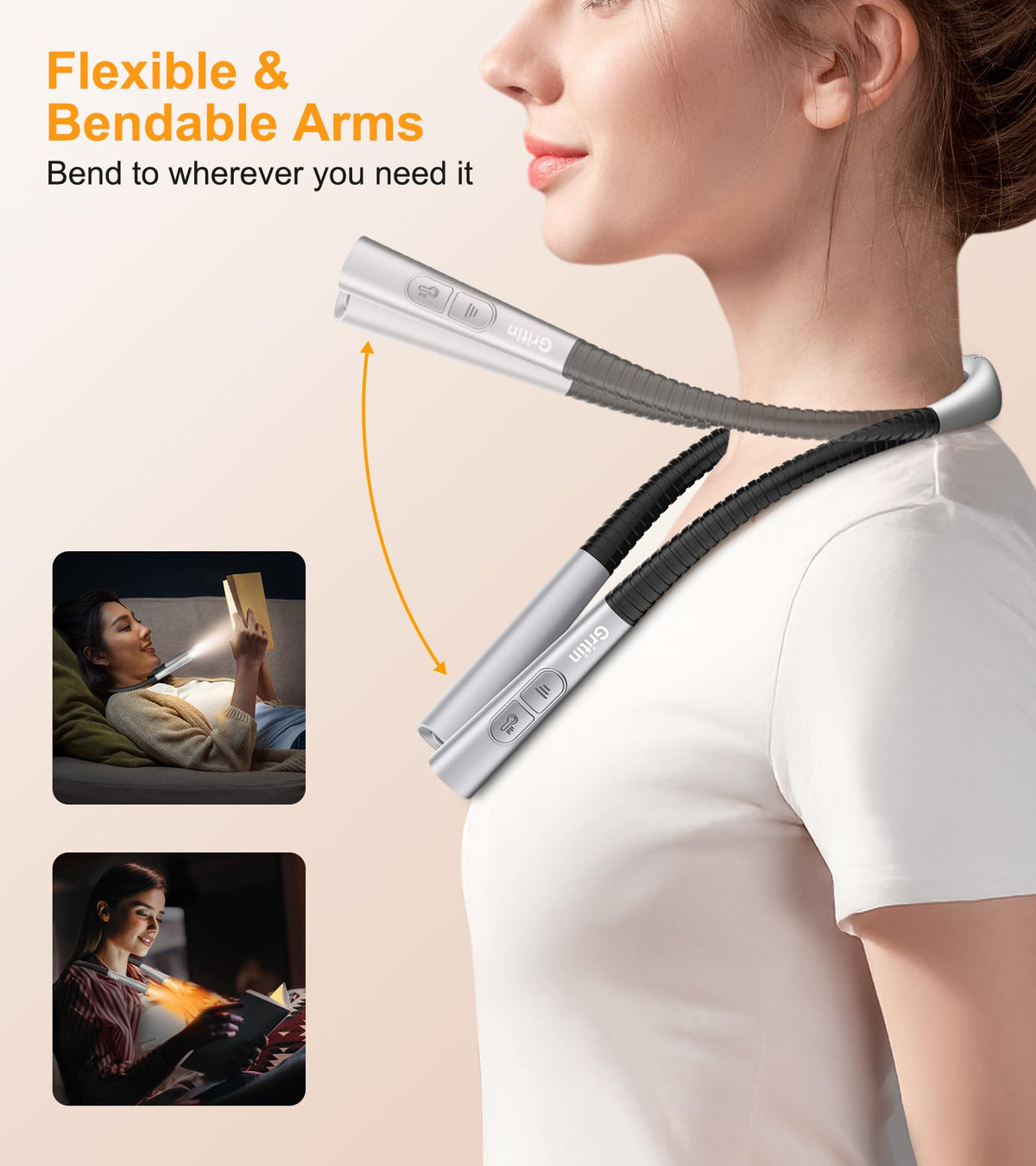 Gritin Book Light, Eye Caring 4-Color&5-Brightness Neck Light Reading Lamp