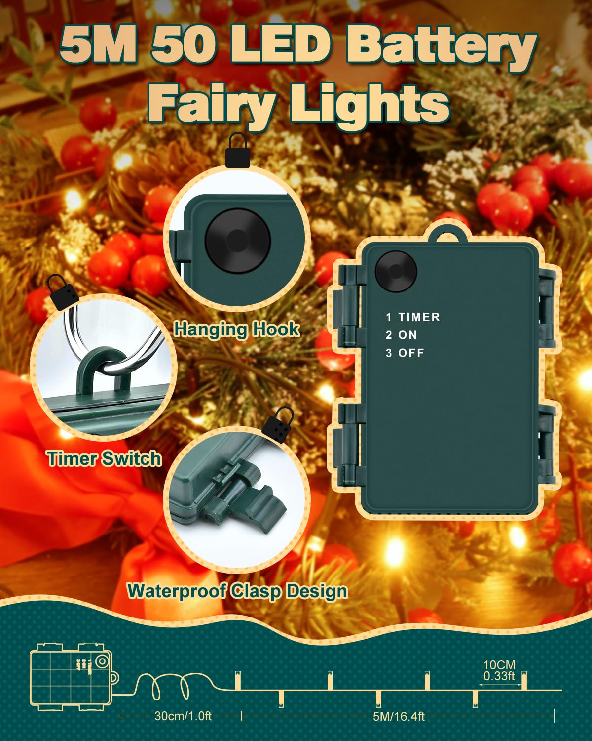 Dalugo Halloween Decoration Lights, 5M 50 LED Orange Purple White Fairy Lights with Timer, IP65 Waterproof Battery Powered Lights for Indoor Outdoor Autumn Halloween Decorations(Green Wire)