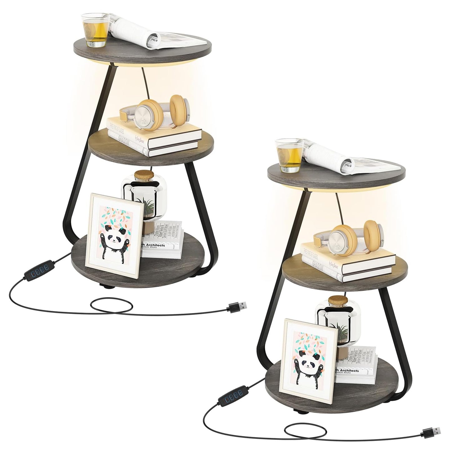 ARTETHYS Side Table, Small Round Coffee Table with 3 Color LED Lights, End Table with 3 Tier Storage Shelves, Bedside Sofa Side Tables for Living Room Bedroom, Rustic Brown