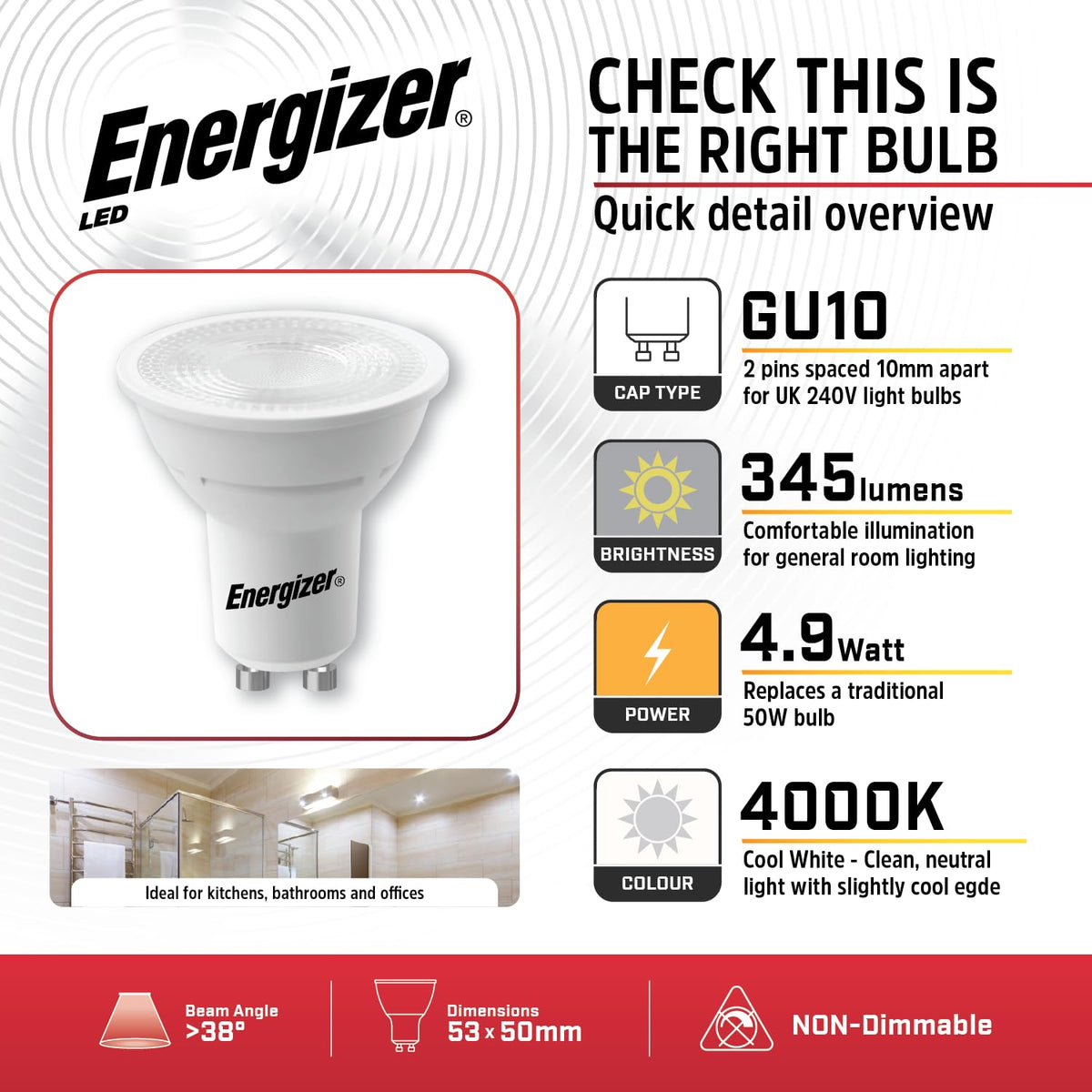 Energizer GU10 LED Bulbs Daylight White - 6500K 50W Halogen Spotlight Equivalent – 345LM - Non Dimmable. Pack of 5