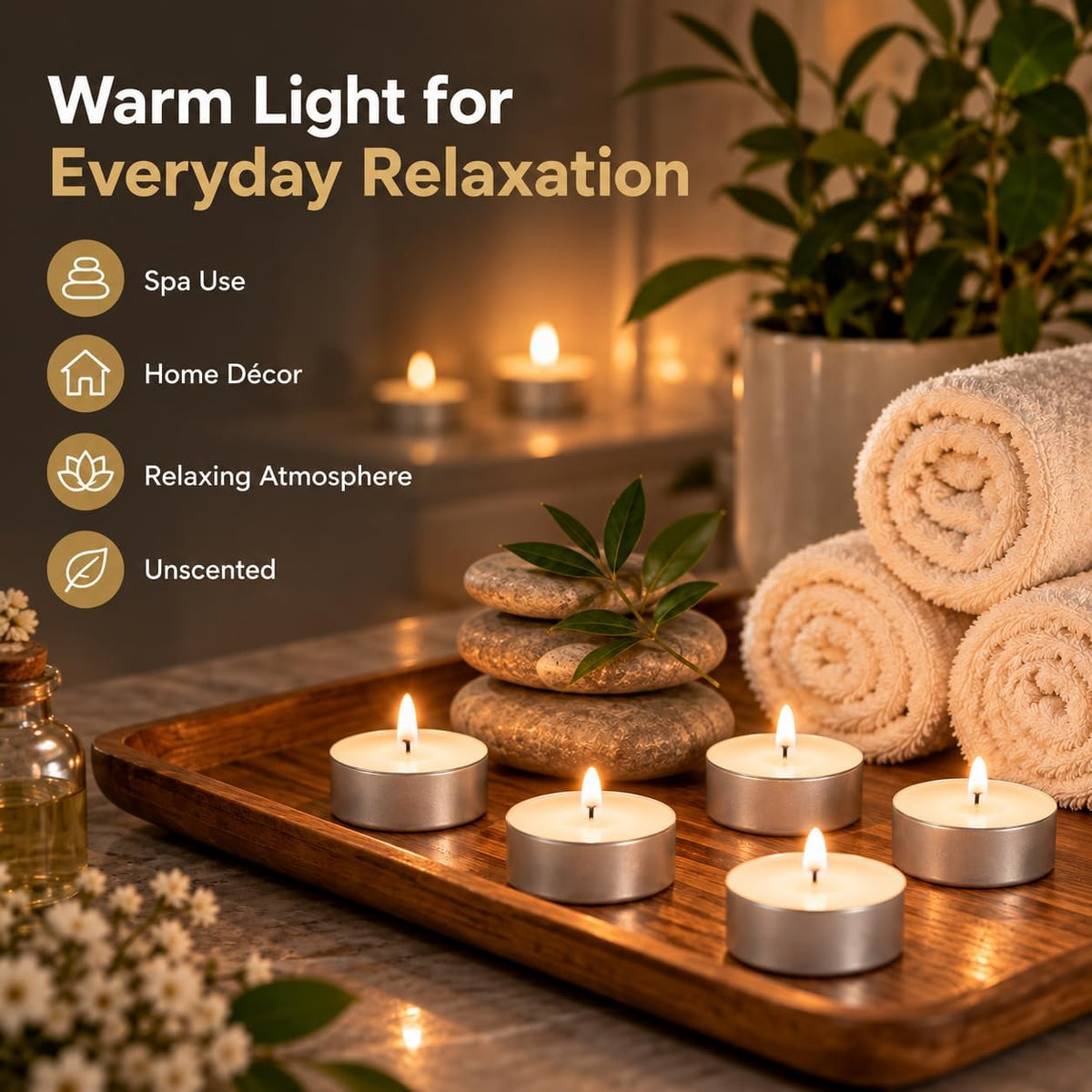 Unscented 8-Hour Tea Light Candles, 50 Pack, Cotton Wicks