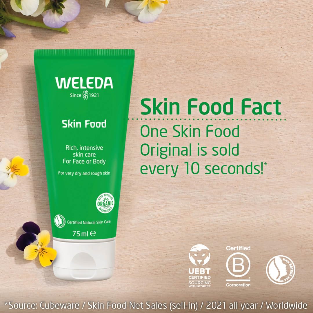 Weleda Skin Food, Dry Skin Moisturiser, Moisturising Cream & Primer, Face & Body, For Men & Women, Multiple Uses, 100% Certified Natural, Organic, 75ml