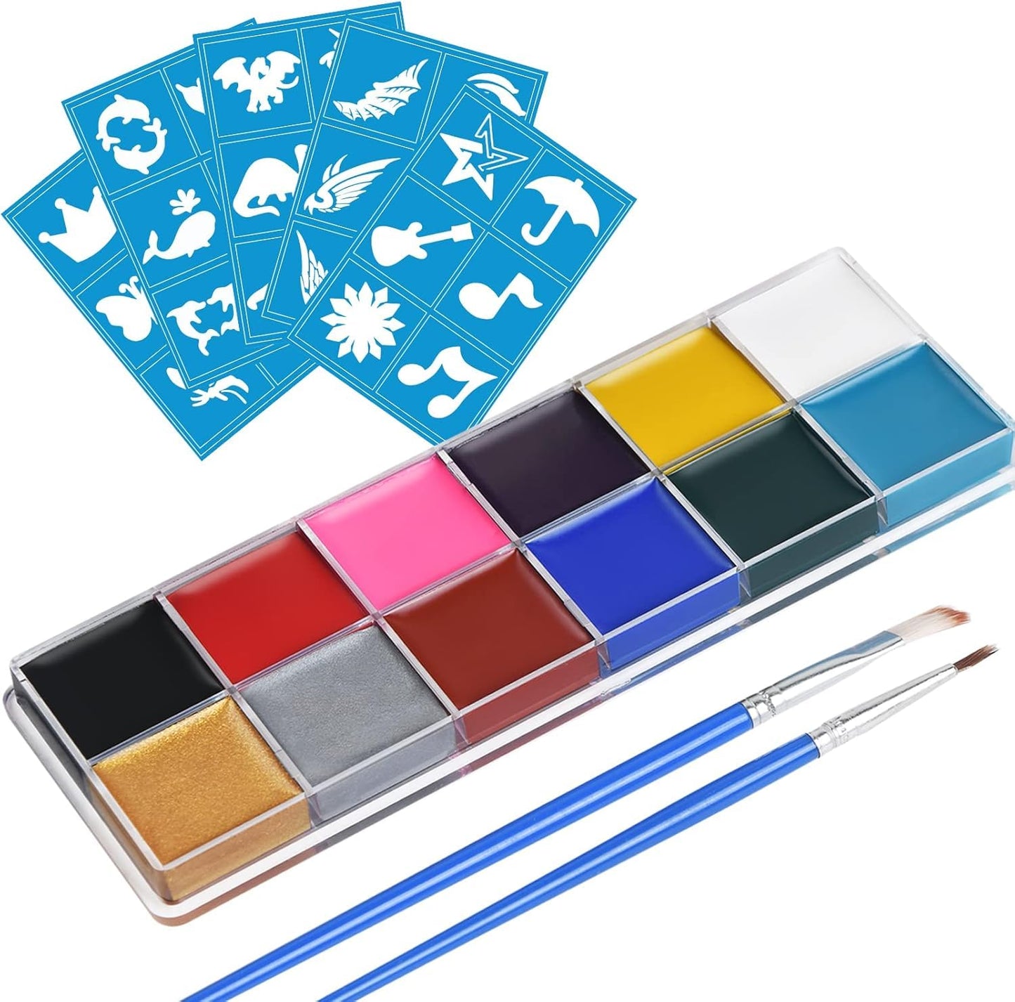 URAQT Face Paint Kit, 15 Color Face & 15 Color Neon Ultraviolet Painting with 2 Brushes 80 Stencils, Washable Safe Body Paint for Adults Kids Halloween Party Carnival, Makeup Paint Non-Toxic to Use