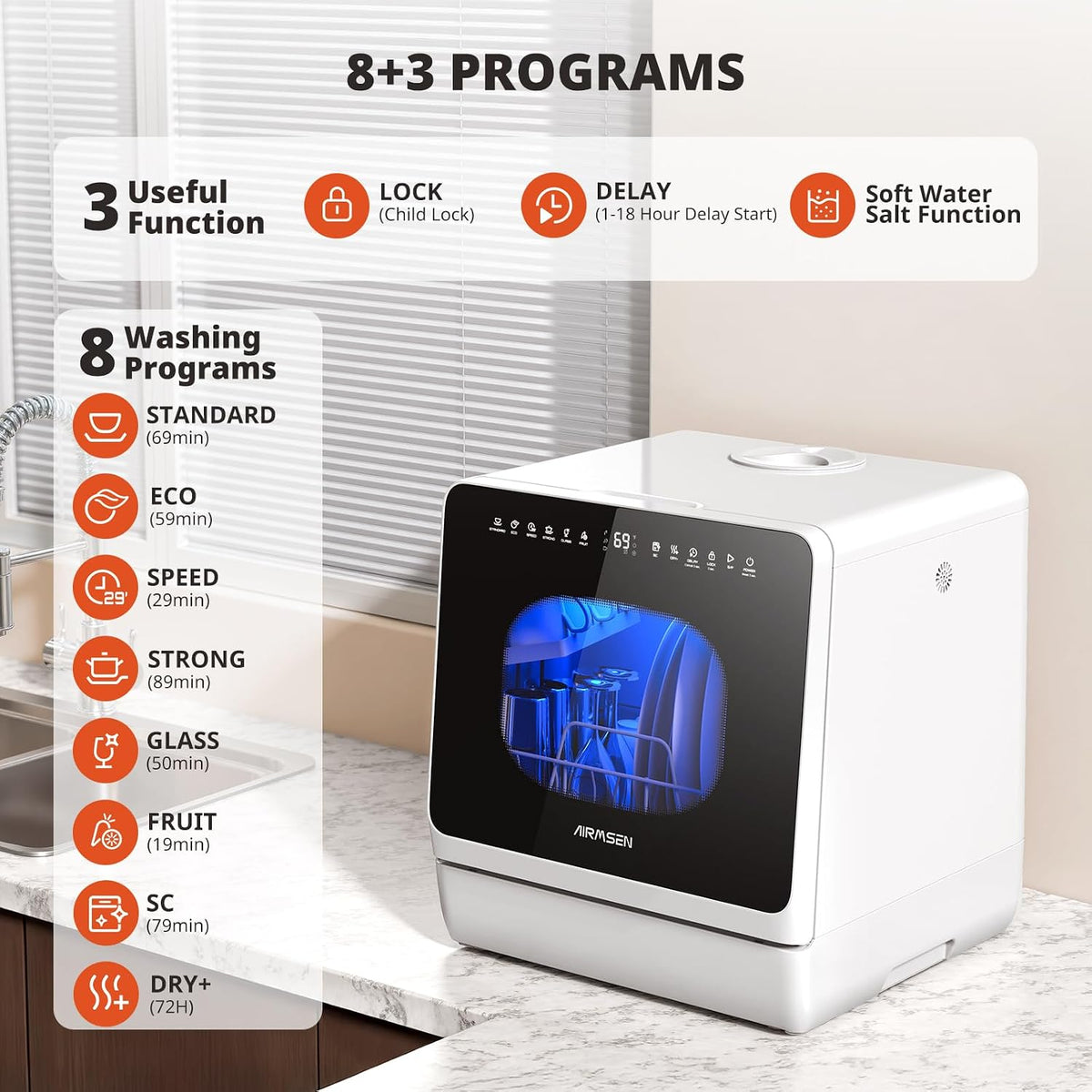 AIRMSEN NEW Upgraded Table Top Dishwasher, 8+3 Wash Programs, 5L Tank