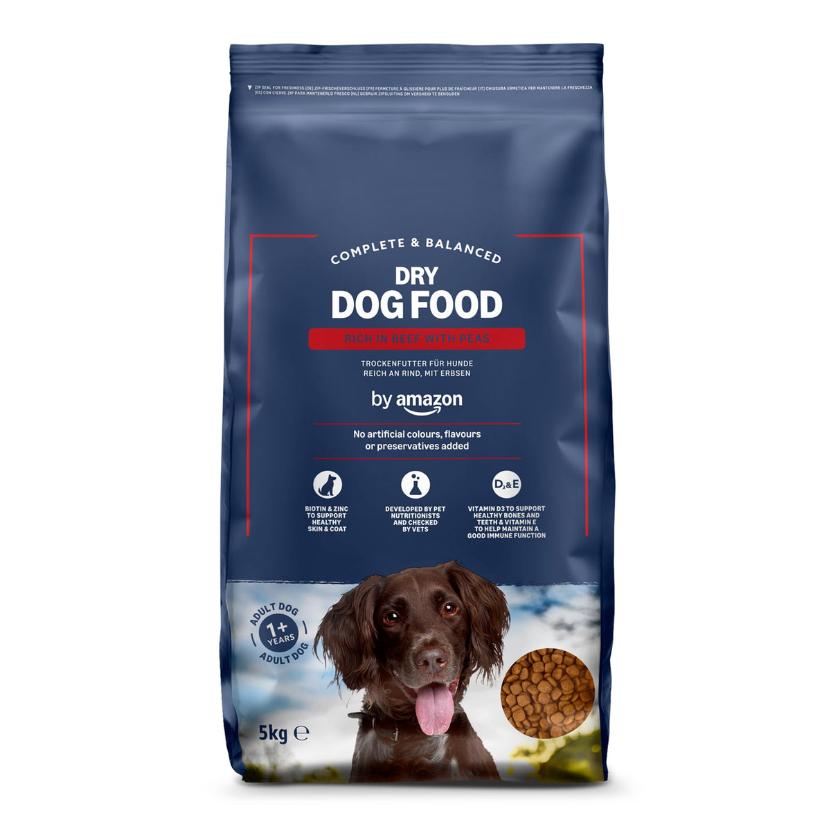 by Amazon - Complete Dry Dog Food for Adult Dogs, Rich in Beef with Peas, 2 Pack of 5kg